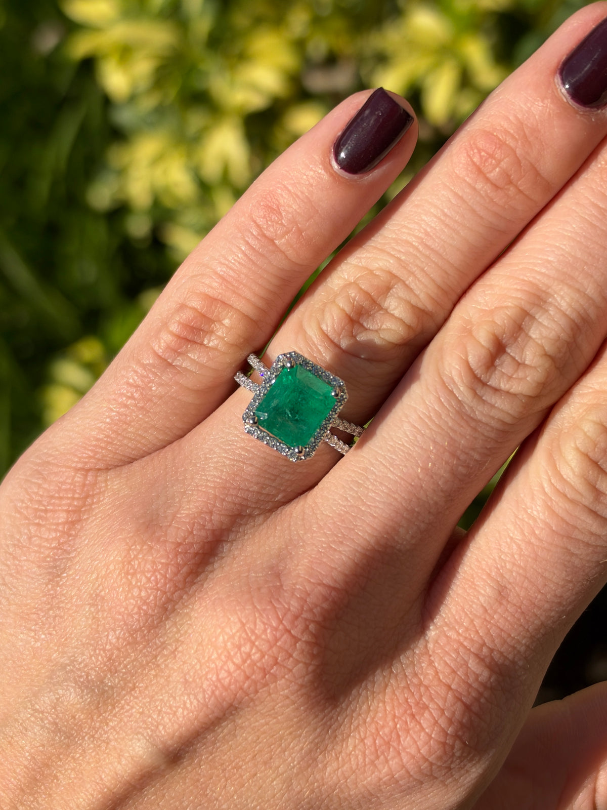 4.37tcw 14K Natural Emerald Cut Emerald & Diamond Halo Split Shank White Gold Engagement Ring