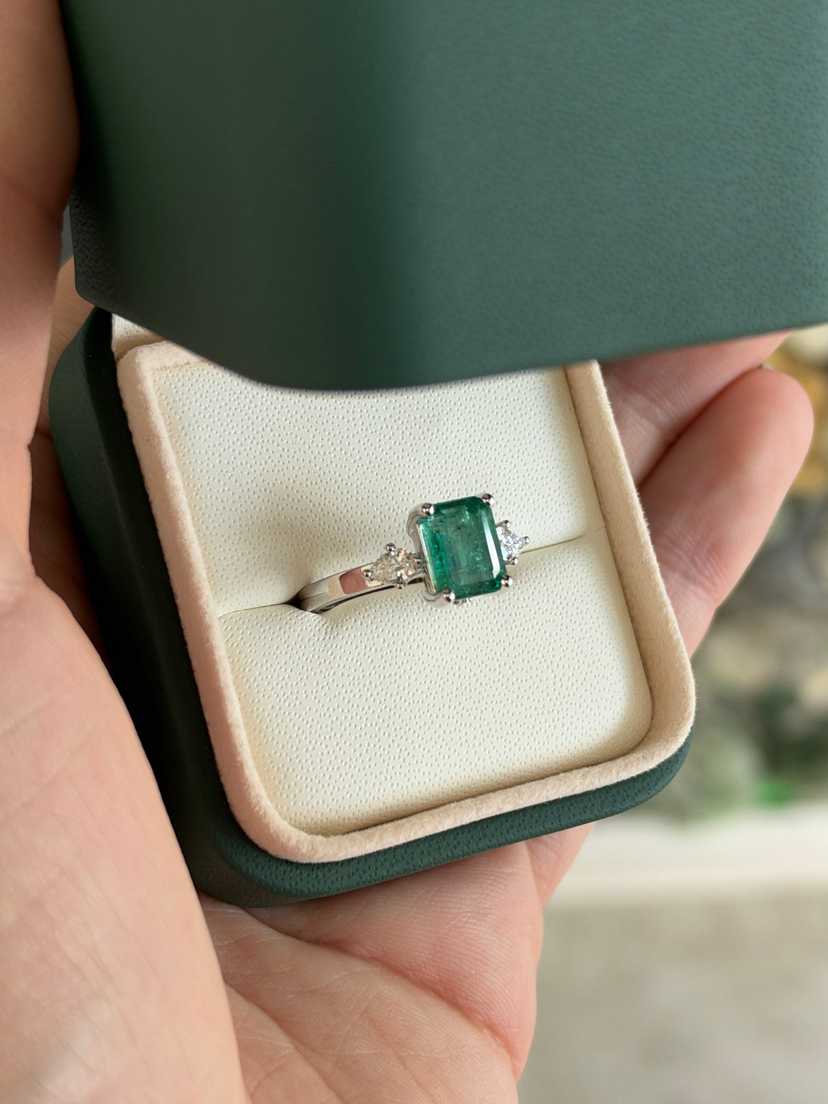 2.51tcw 14K Bluish Green Emerald Cut Emerald & Lab Diamond Pear Three Stone Ring
