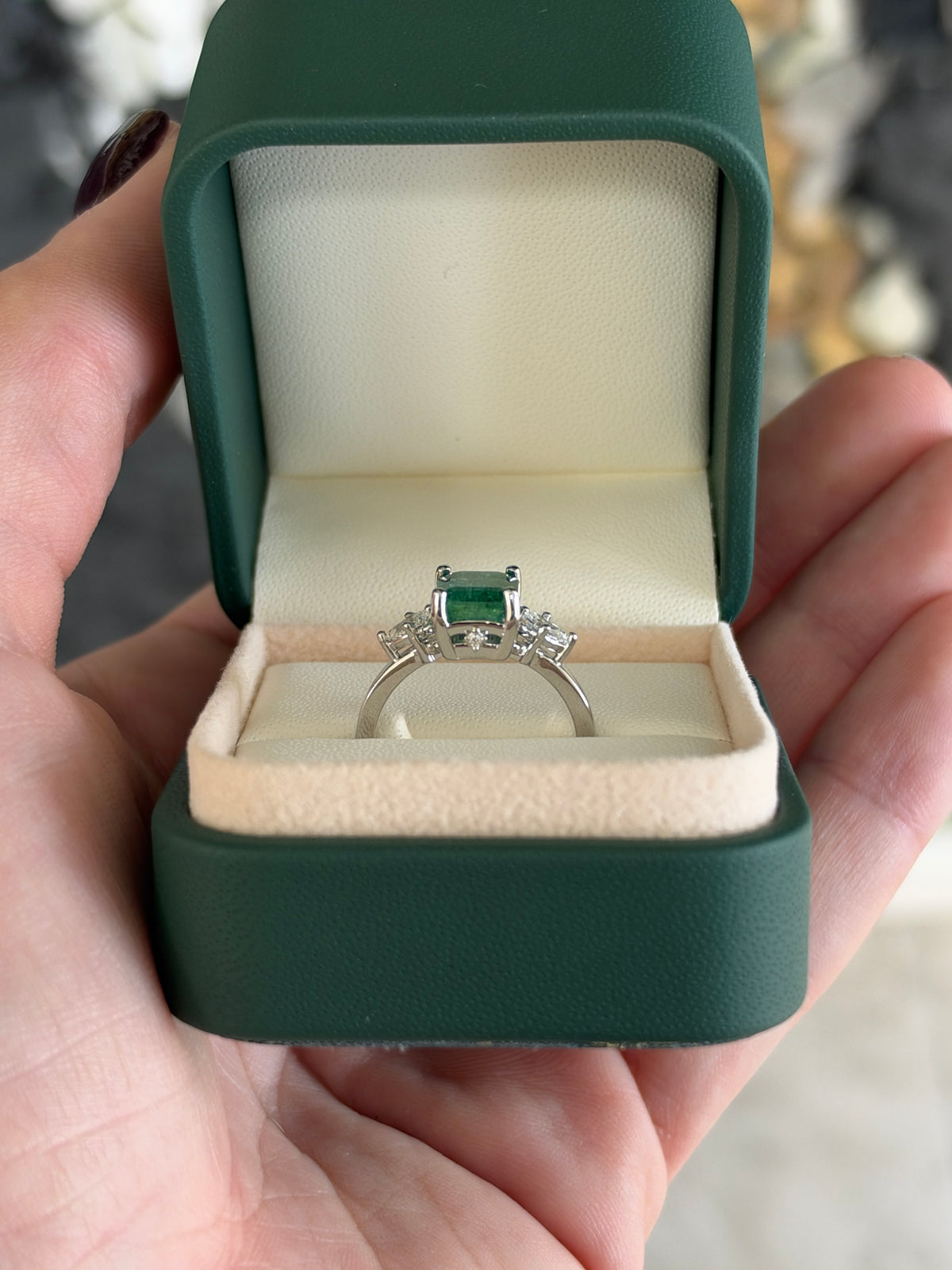 2.51tcw 14K Bluish Green Emerald Cut Emerald & Lab Diamond Pear Three Stone Ring
