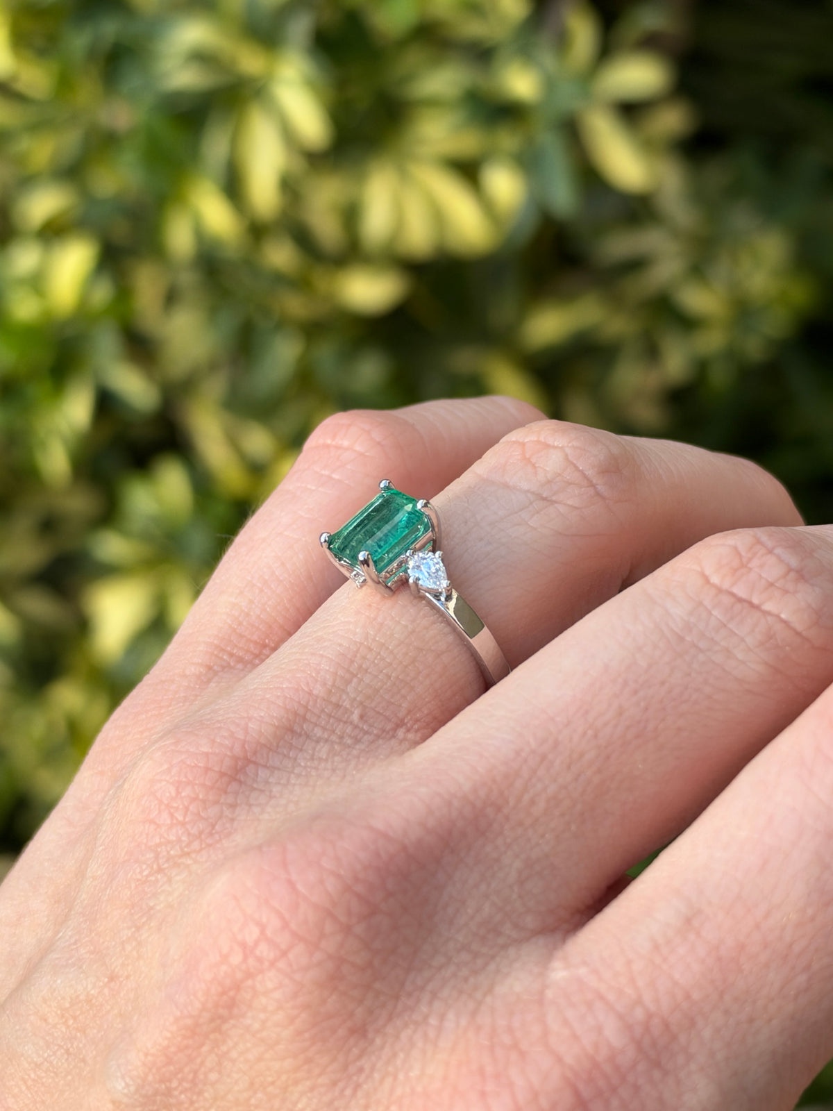 2.51tcw 14K Bluish Green Emerald Cut Emerald & Lab Diamond Pear Three Stone Ring