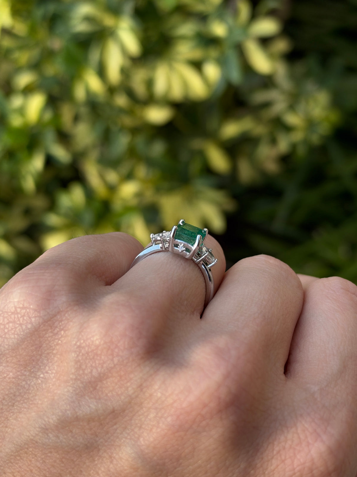 2.51tcw 14K Bluish Green Emerald Cut Emerald & Lab Diamond Pear Three Stone Ring