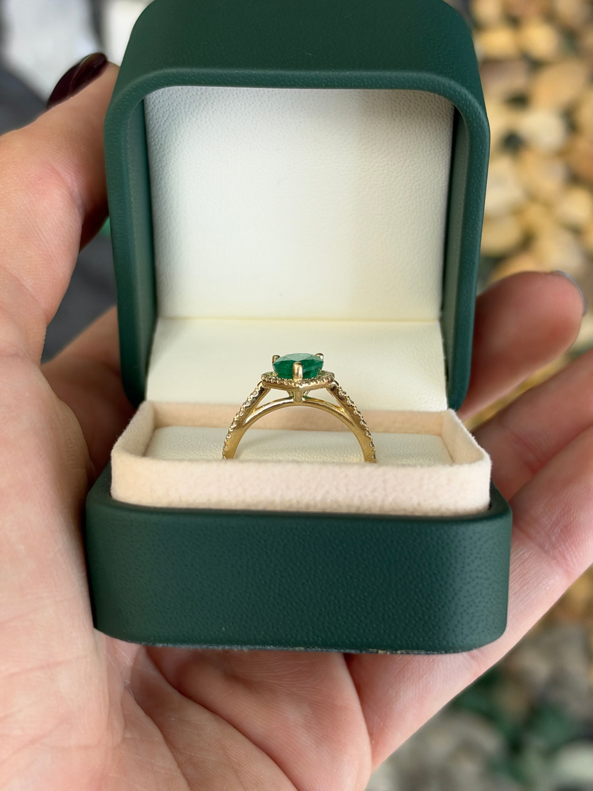 1.77tcw 14K Natural Pear Cut Emerald & Lab Diamond Halo Shank Engagement Ring
