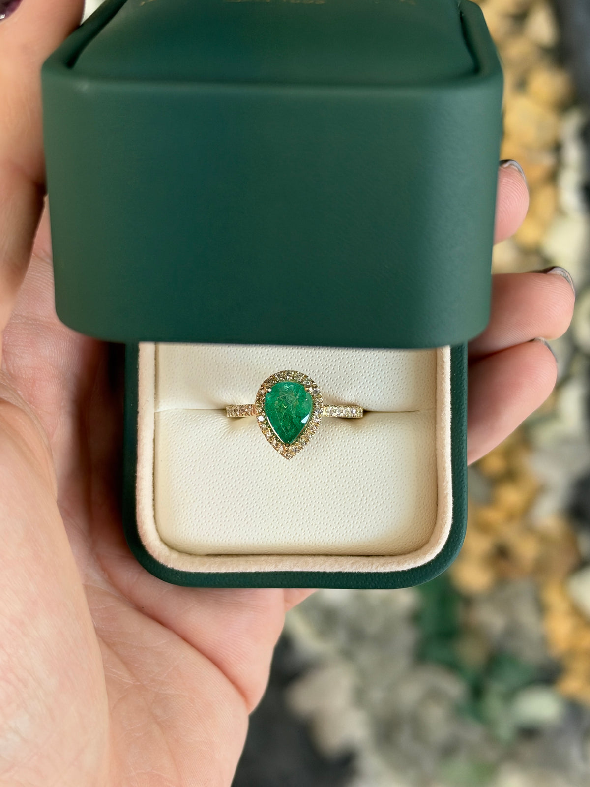 1.77tcw 14K Natural Pear Cut Emerald & Lab Diamond Halo Shank Engagement Ring