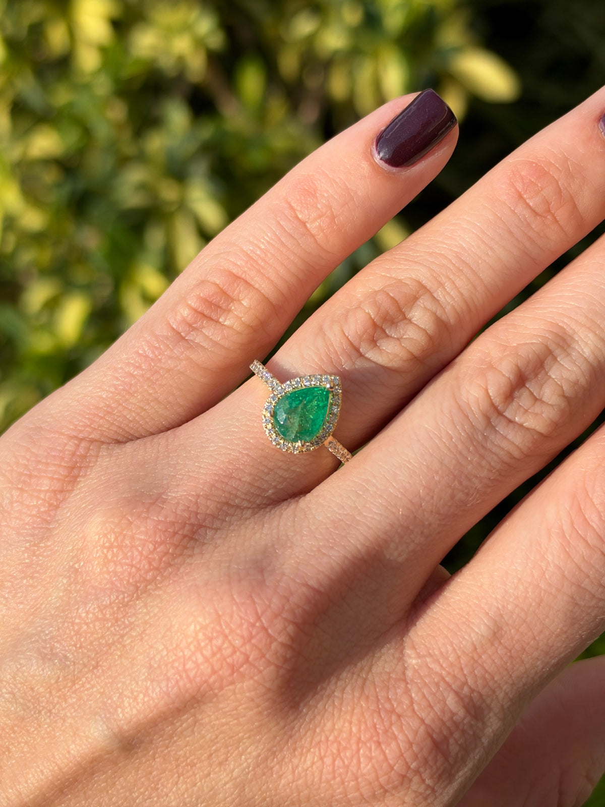 1.77tcw 14K Natural Pear Cut Emerald & Lab Diamond Halo Shank Engagement Ring