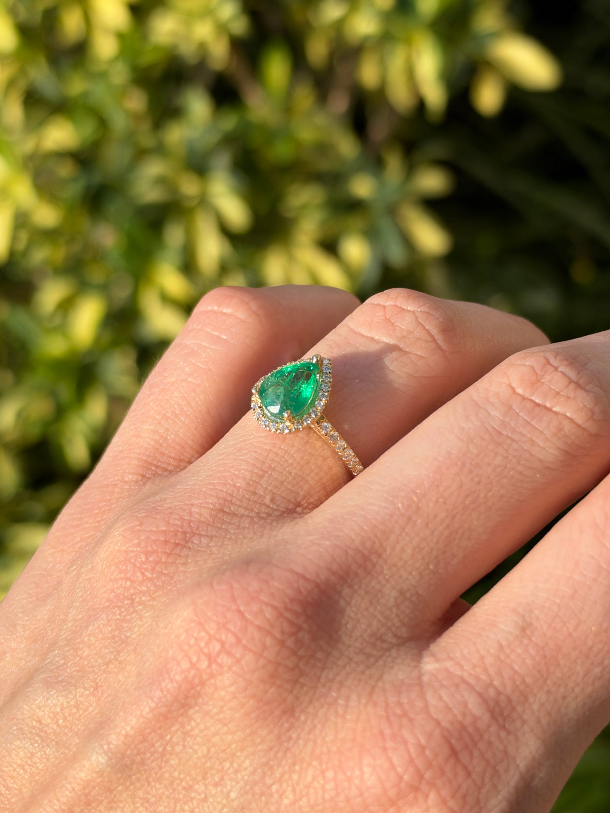 1.77tcw 14K Natural Pear Cut Emerald & Lab Diamond Halo Shank Engagement Ring