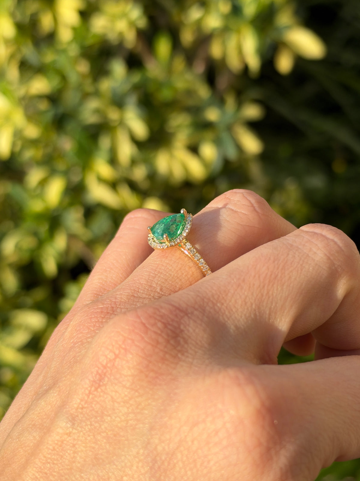 1.77tcw 14K Natural Pear Cut Emerald & Lab Diamond Halo Shank Engagement Ring