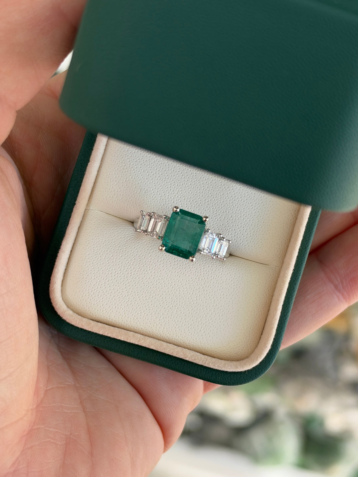 4.03tcw Natural Emerald & Emerald Cut Diamond Five Stone Engagement Ring 14K White Gold