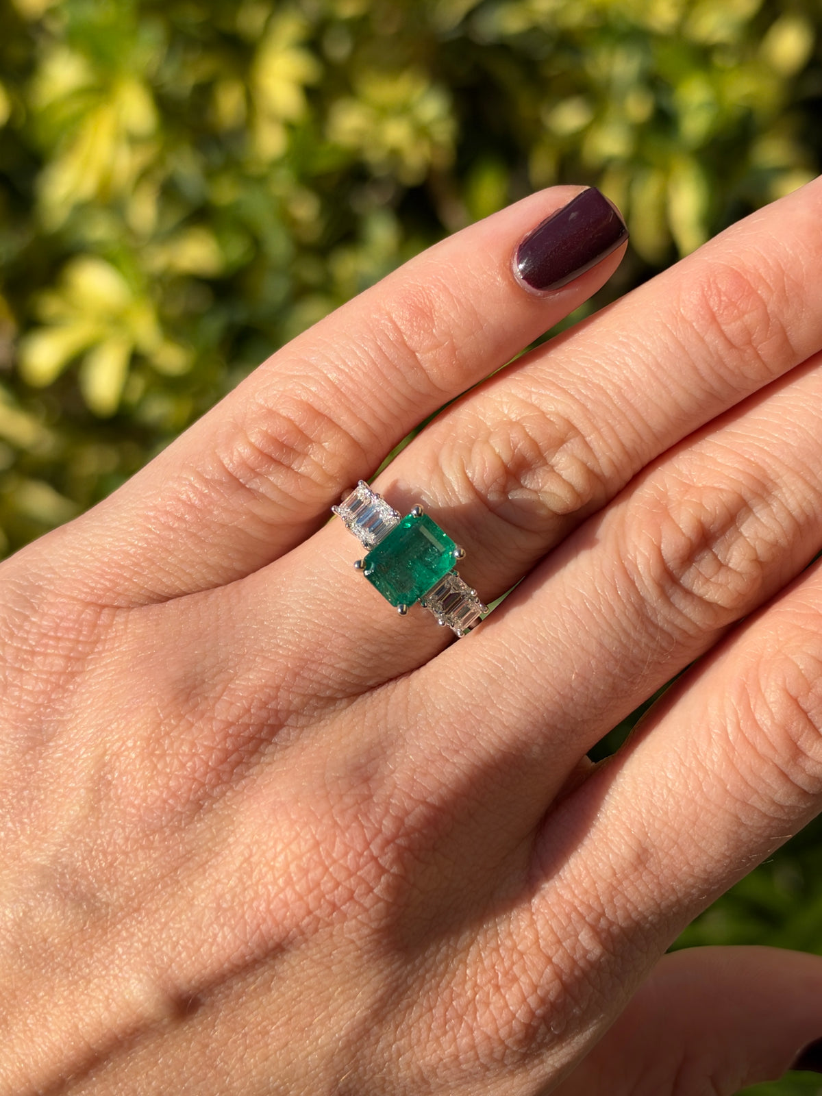 4.03tcw Natural Emerald & Emerald Cut Diamond Five Stone Engagement Ring 14K White Gold
