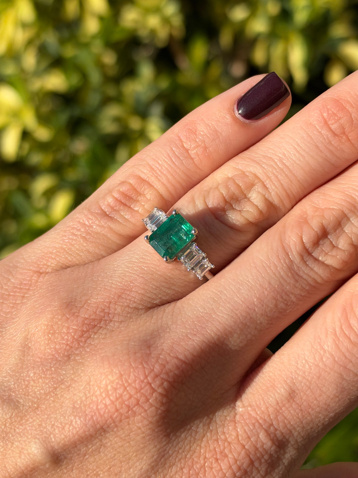 4.03tcw Natural Emerald & Emerald Cut Diamond Five Stone Engagement Ring 14K White Gold