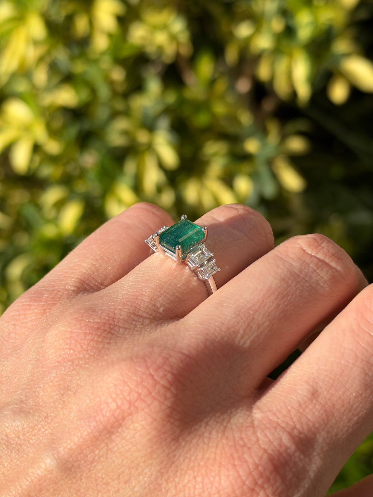 4.03tcw Natural Emerald & Emerald Cut Diamond Five Stone Engagement Ring 14K White Gold