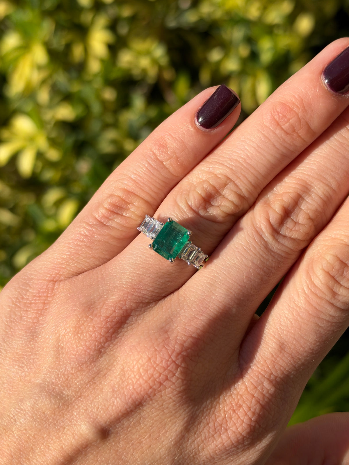 4.03tcw Natural Emerald & Emerald Cut Diamond Five Stone Engagement Ring 14K White Gold