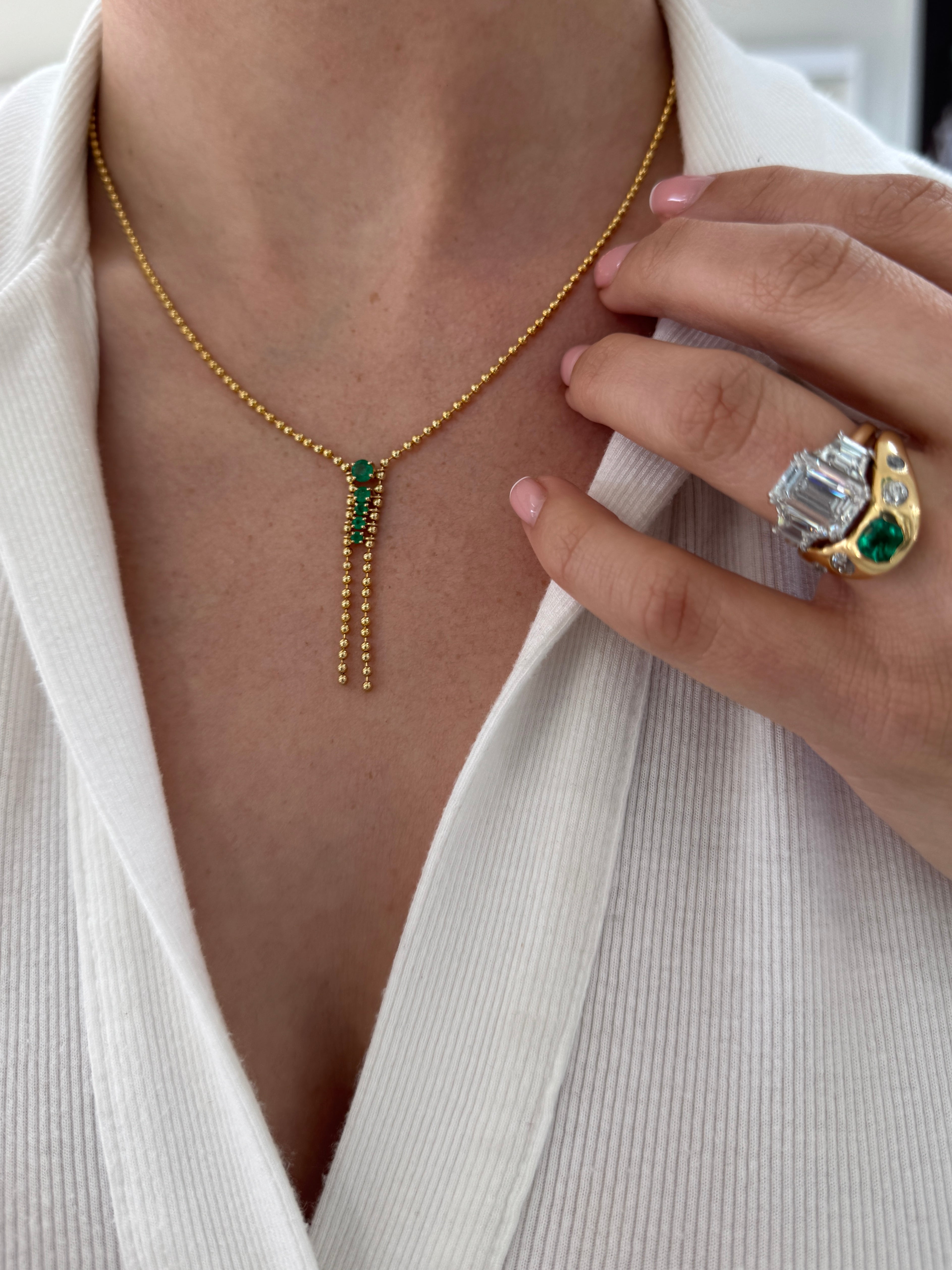 0.63tcw 14K Rich Green Emerald Lariat Gold Statement Necklace