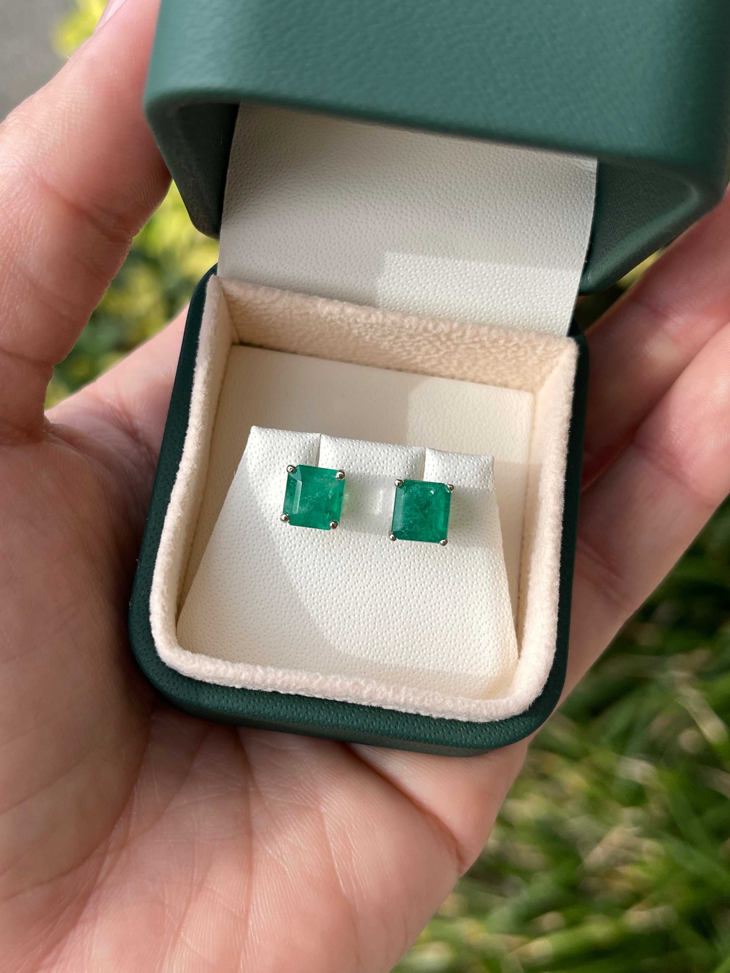 3.43tcw Earthy Deep Green Colombian Emerald Studs 14K White Gold