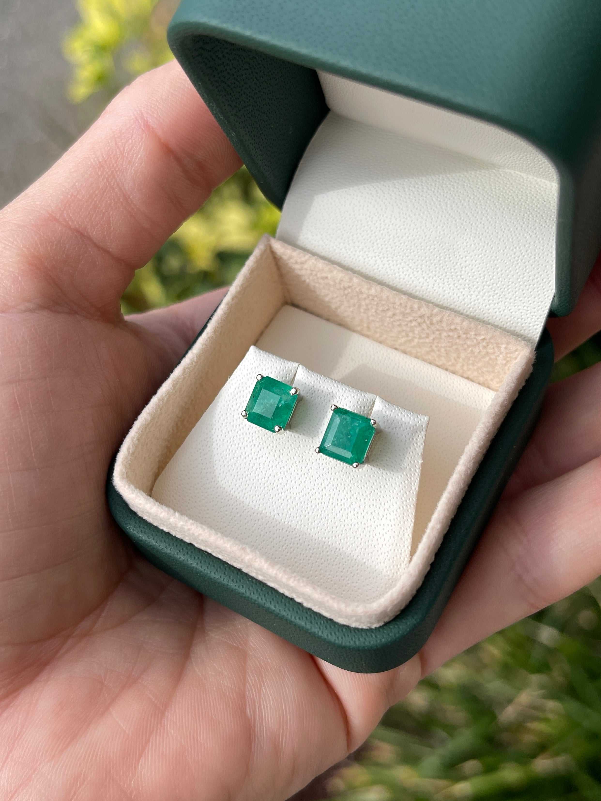3.43tcw Earthy Deep Green Colombian Emerald Studs 14K White Gold