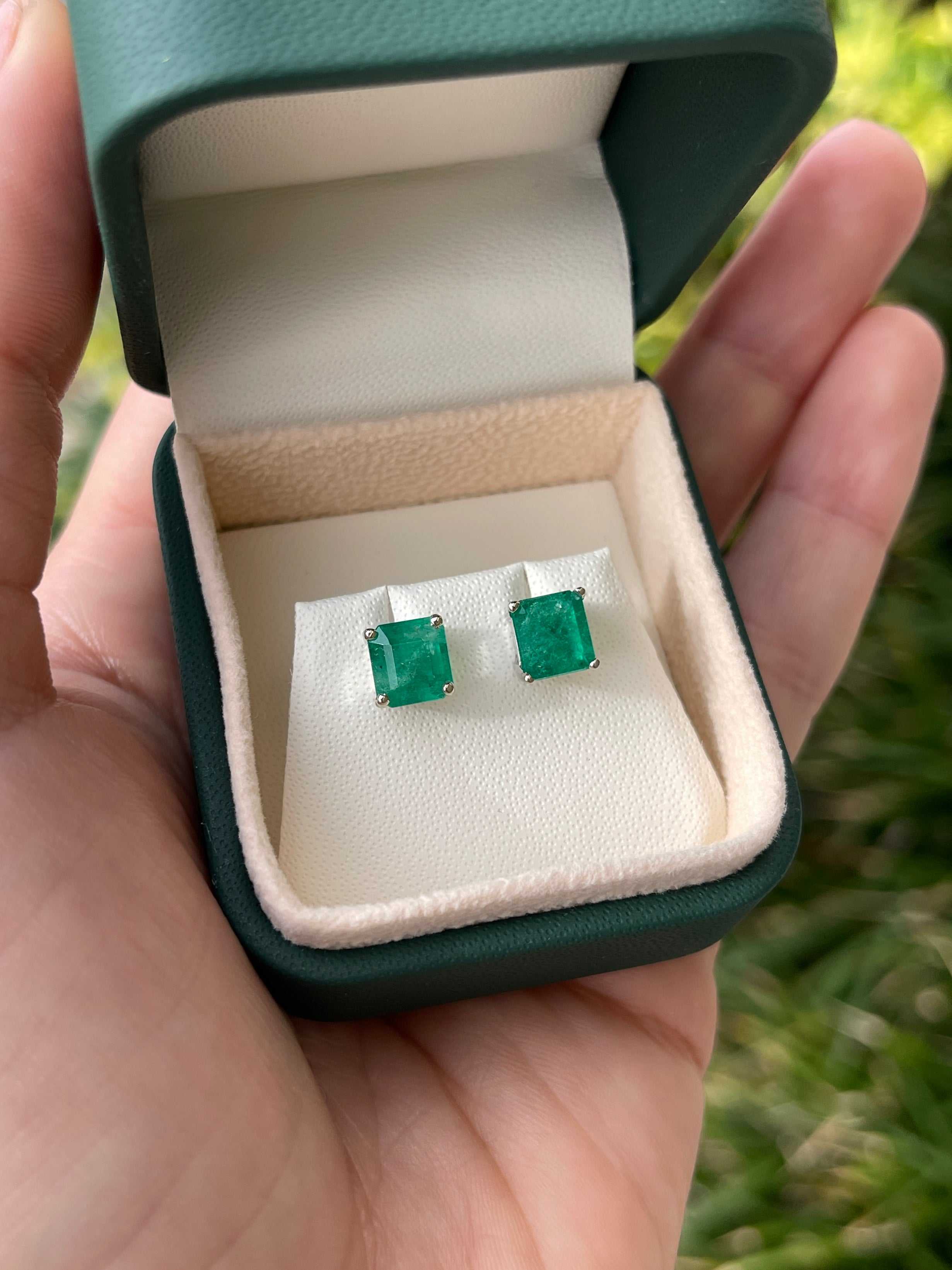 3.43tcw Earthy Deep Green Colombian Emerald Studs 14K White Gold
