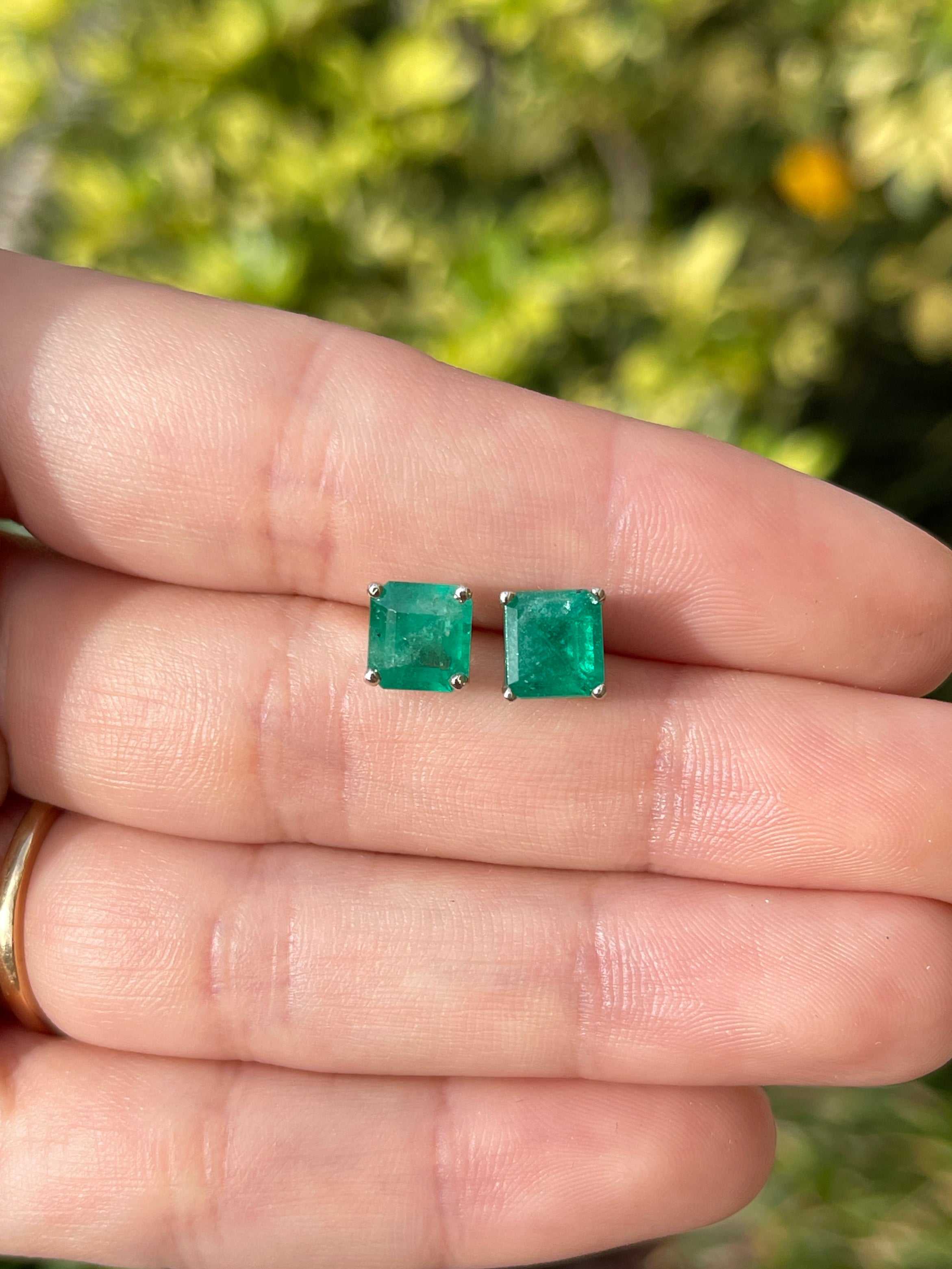 3.43tcw Earthy Deep Green Colombian Emerald Studs 14K White Gold