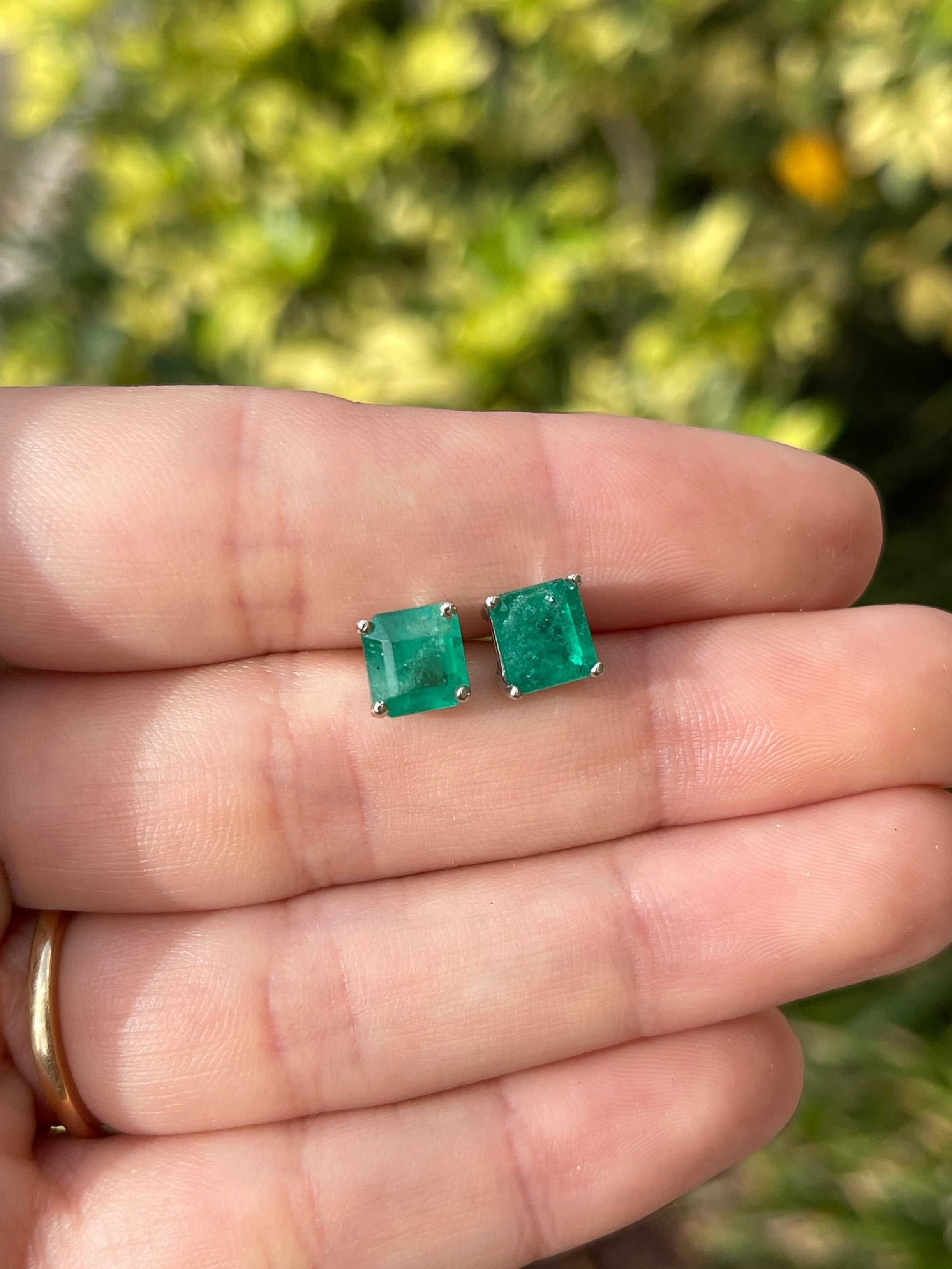3.43tcw Earthy Deep Green Colombian Emerald Studs 14K White Gold