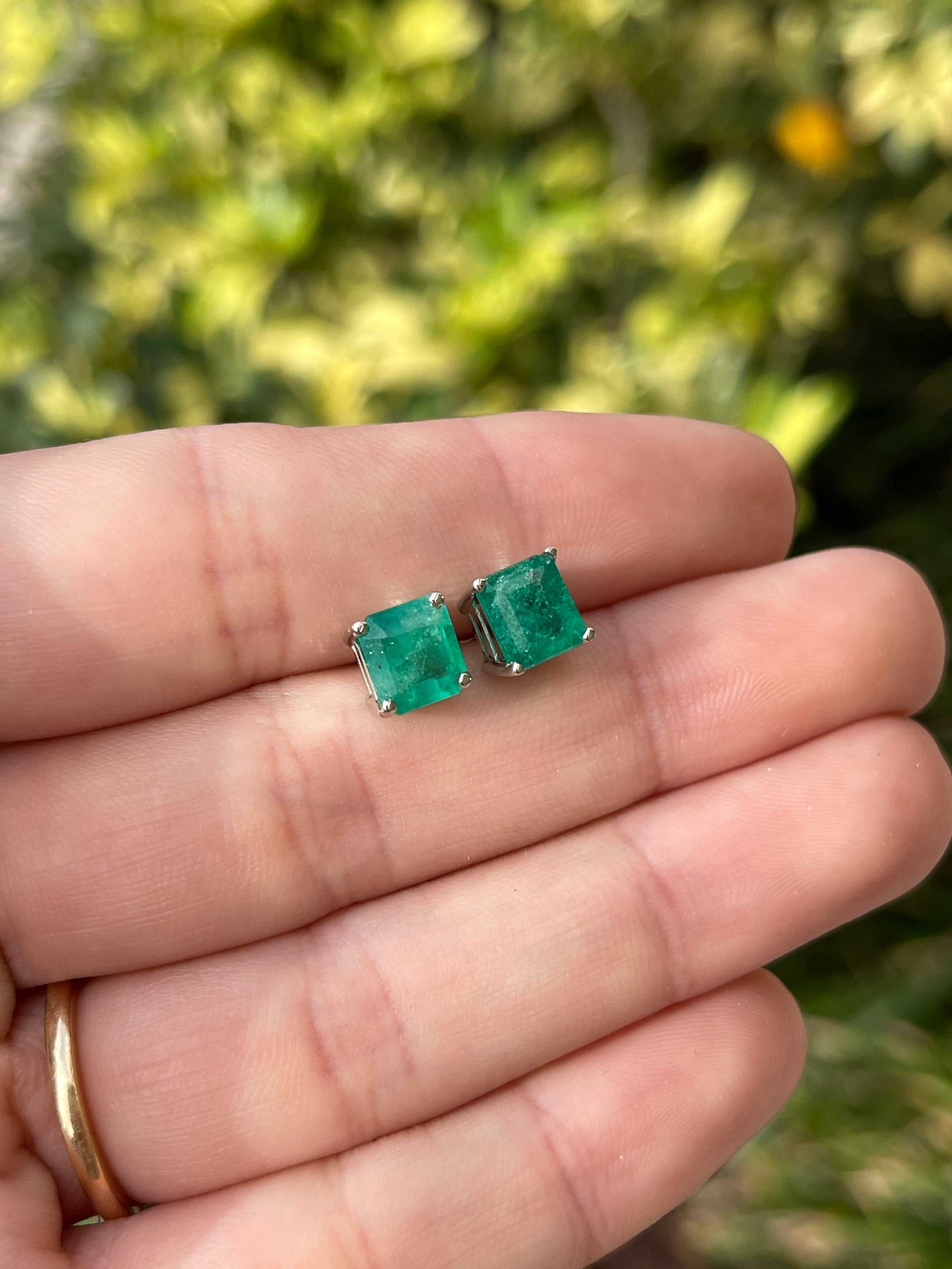 3.43tcw Earthy Deep Green Colombian Emerald Studs 14K White Gold