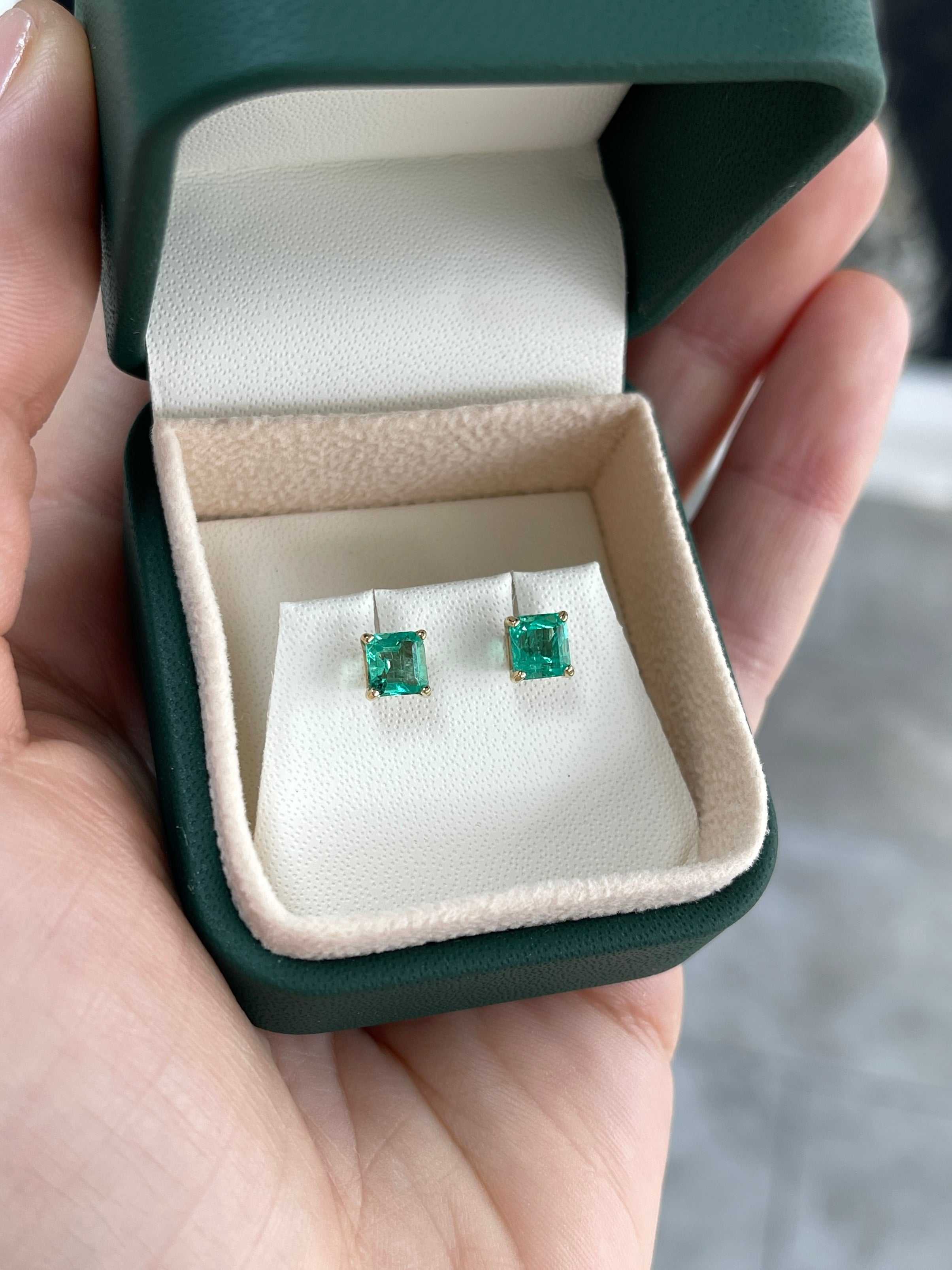 1.39tcw Vibrant Asscher Cut Colombian Emerald Studs 14K Yellow Gold