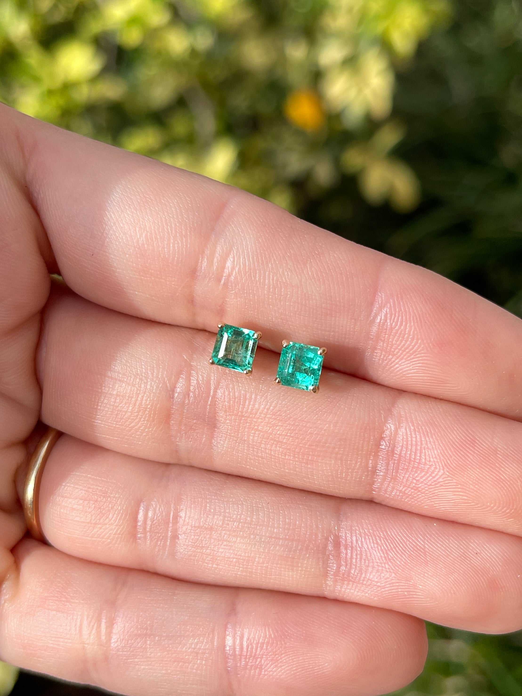 1.39tcw Vibrant Asscher Cut Colombian Emerald Studs 14K Yellow Gold