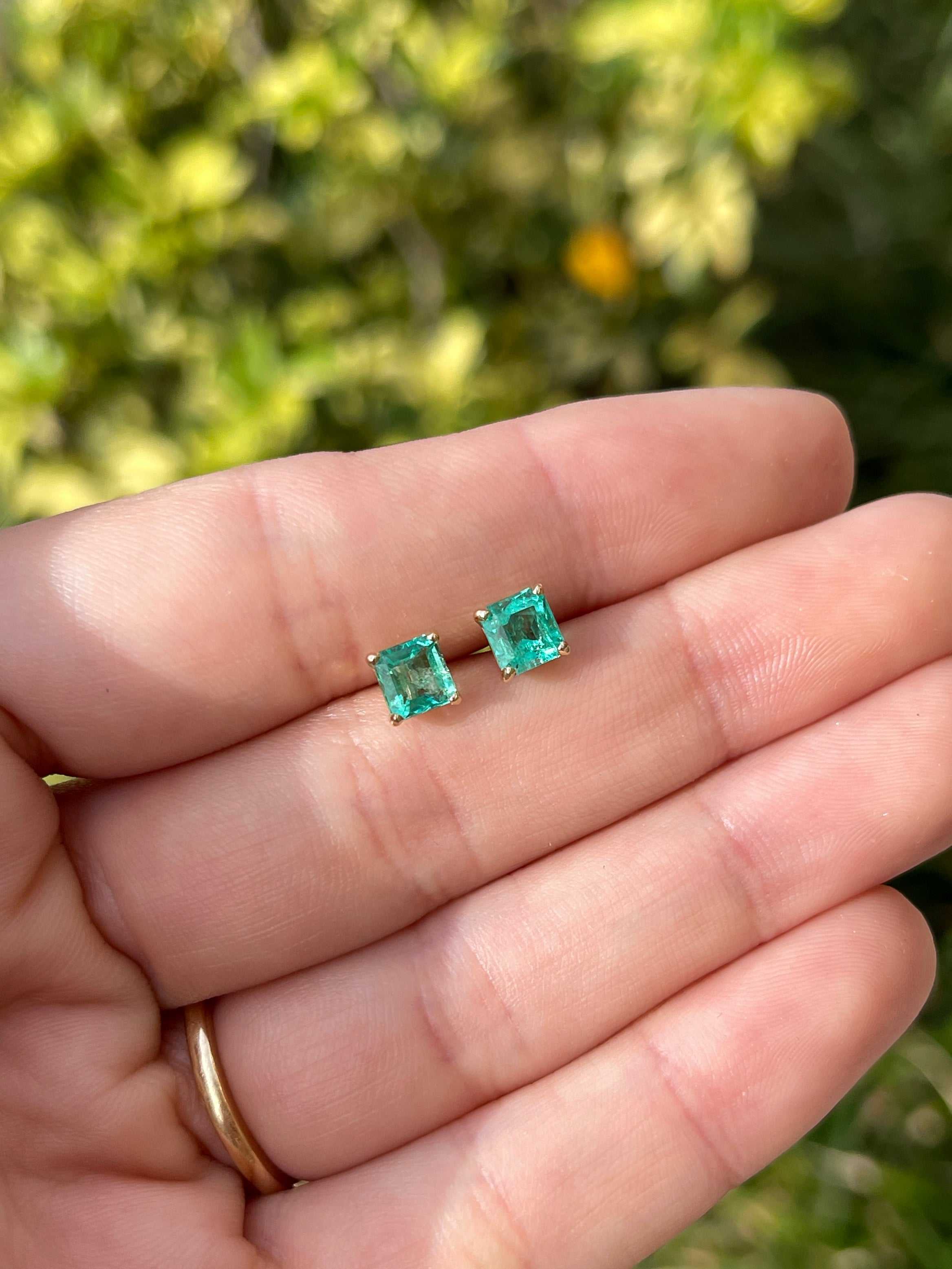 1.39tcw Vibrant Asscher Cut Colombian Emerald Studs 14K Yellow Gold