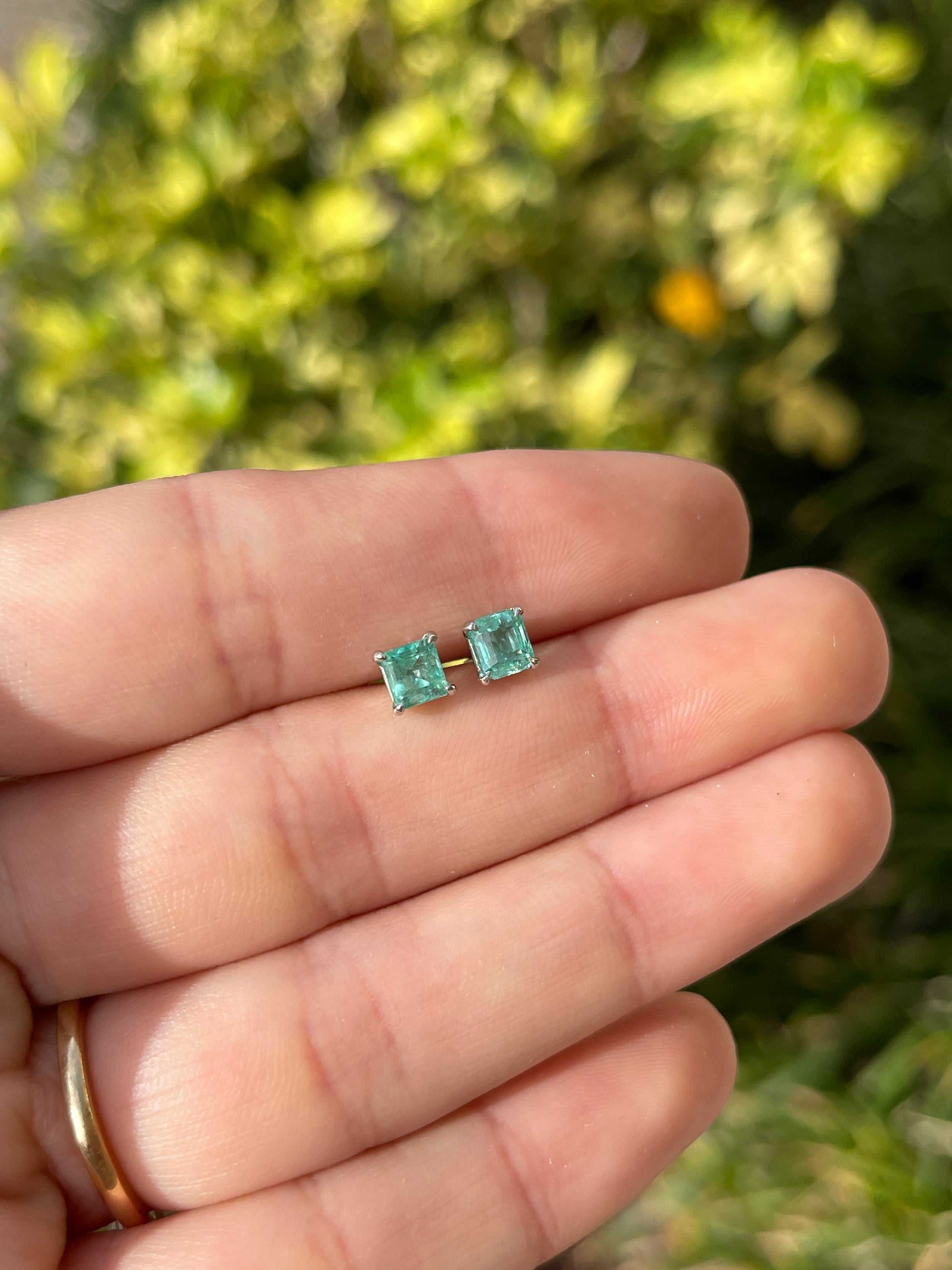 1.0tcw Petite Asscher Medium Bright Real Emerald Stud Earrings 14K