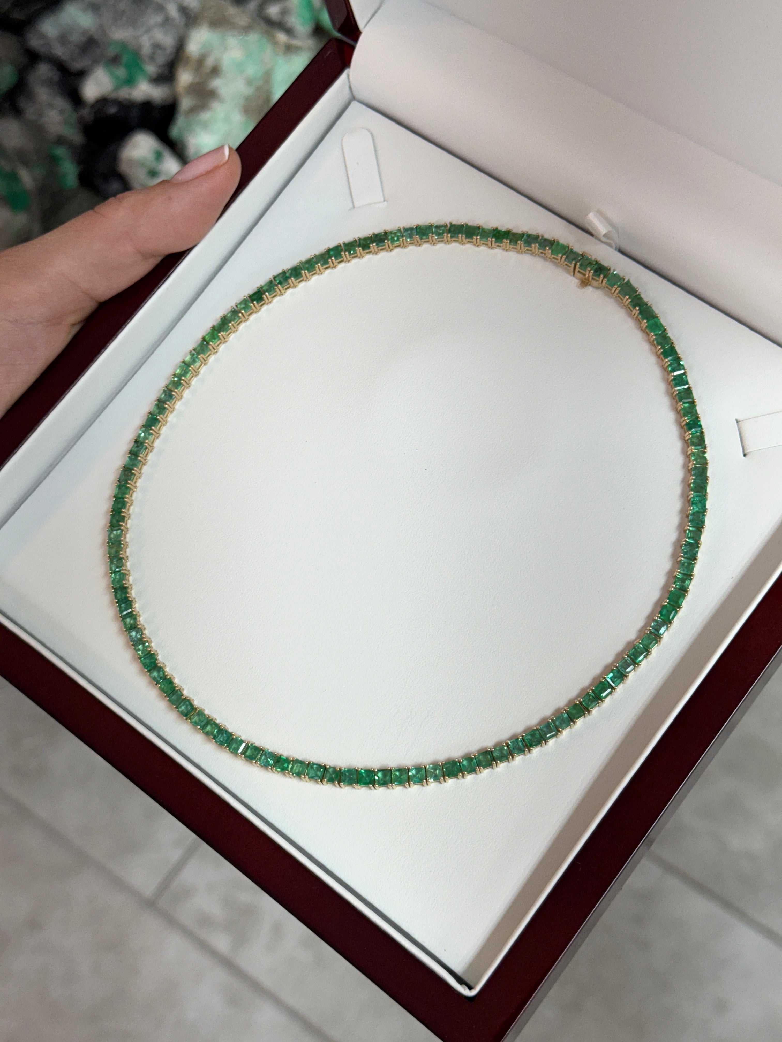 20tcw 14K Princess Cut Emerald Tennis Prong Necklace 17 Inches