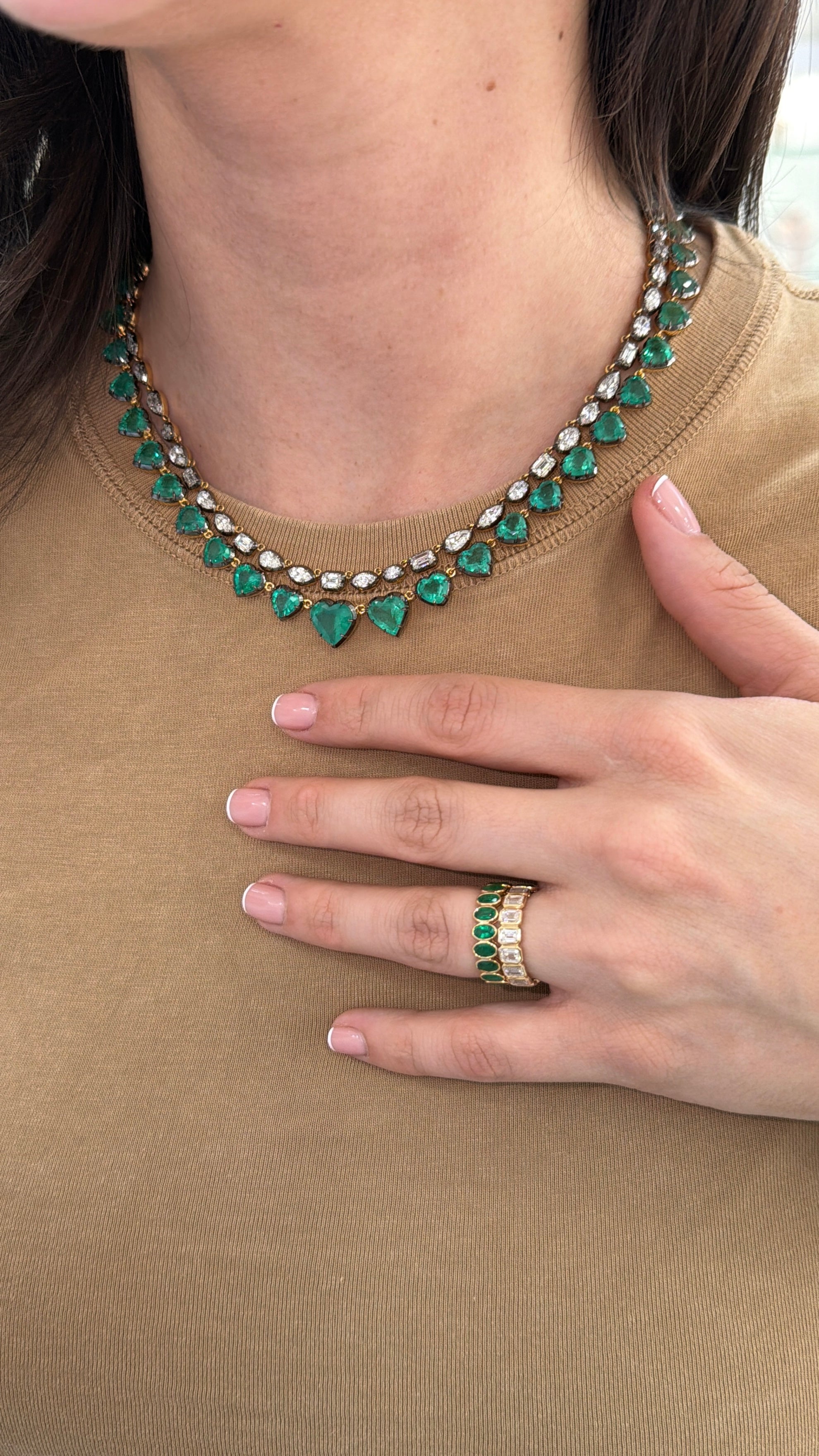 Natural diamond Georgian tennis necklace with mixed shapes, 15.43 carats, set in 18K gold by JR Colombian Emeralds.