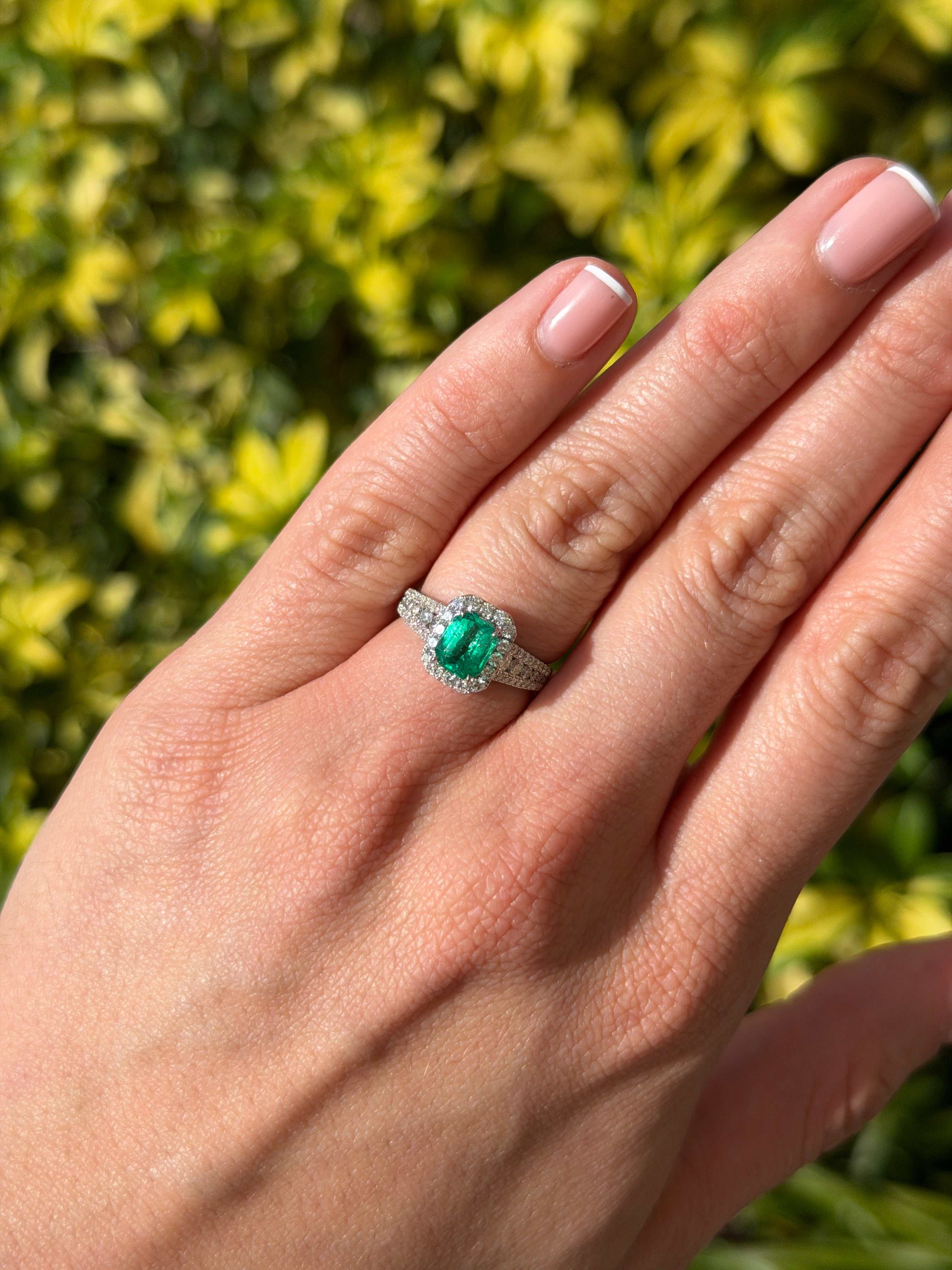 14K engagement ring with 2.21tcw Chivor bluish green Colombian emerald and diamond halo, by JR Colombian Emeralds.