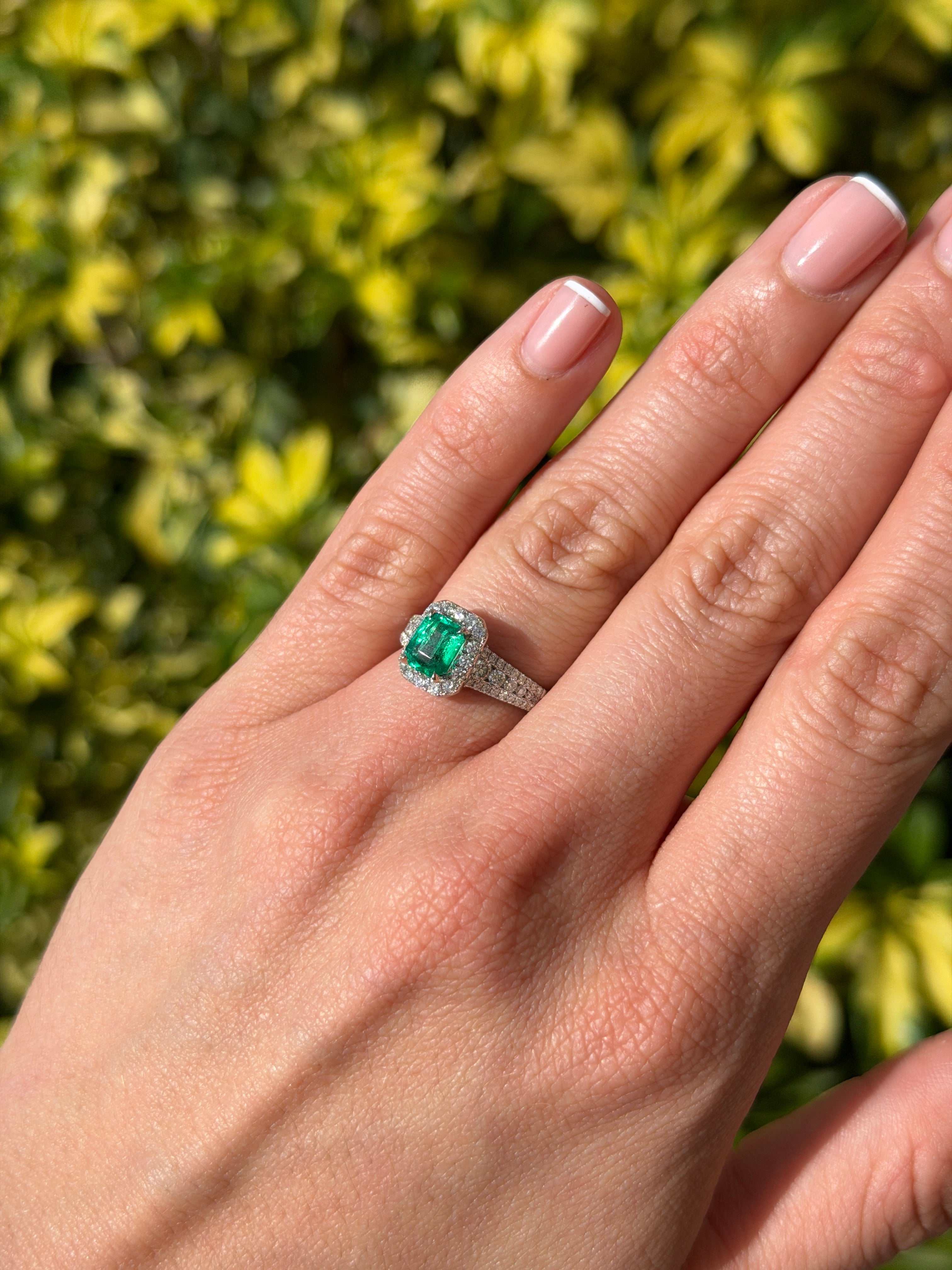Two-carat 21-tcw Chivor bluish-green Colombian emerald engagement ring with diamond halo in 14K gold, by JR Colombian Emeralds.