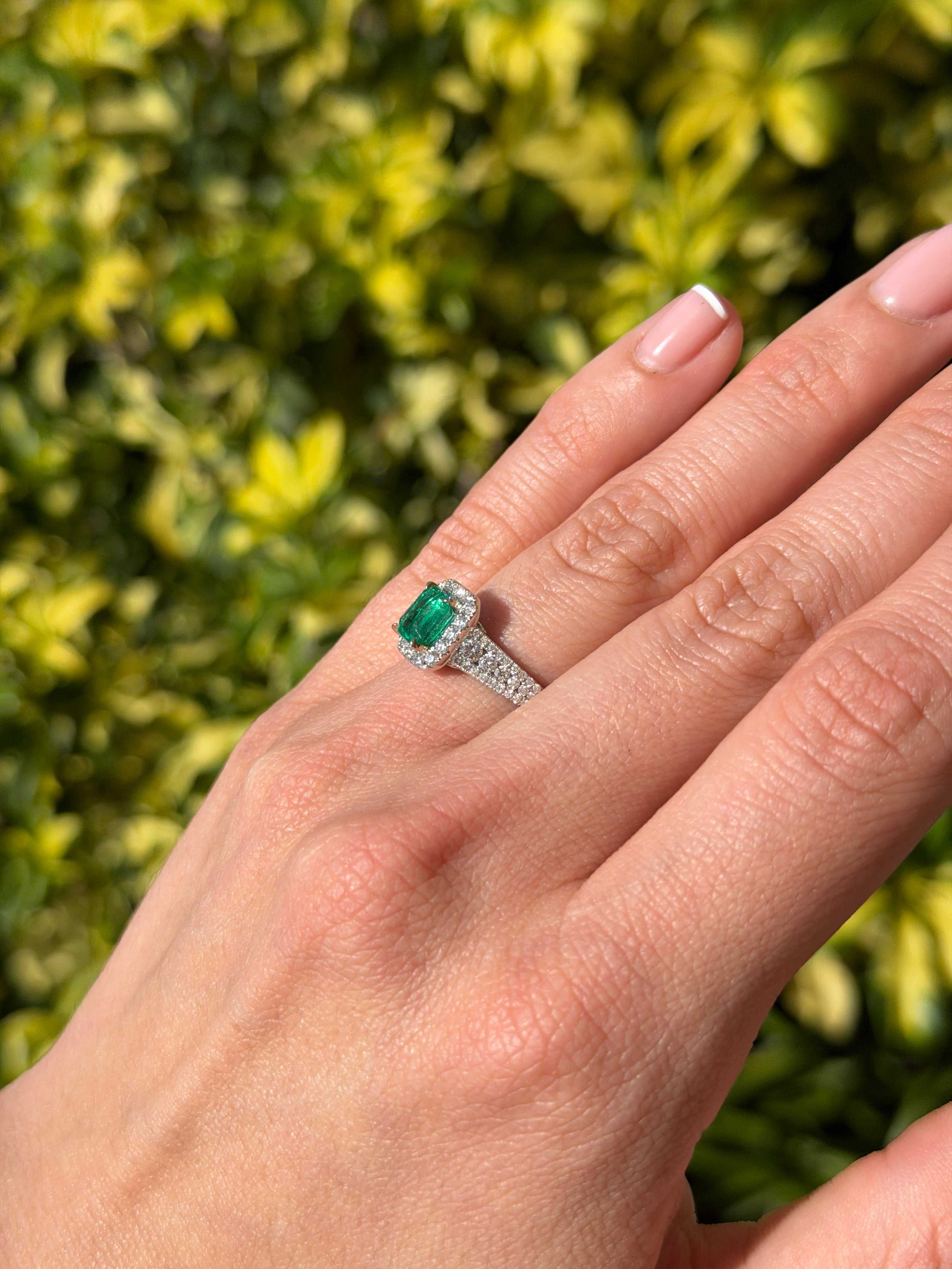 14K engagement ring featuring a 2.21tcw Chivor bluish green Colombian emerald with diamond halo, by JR Colombian Emeralds.