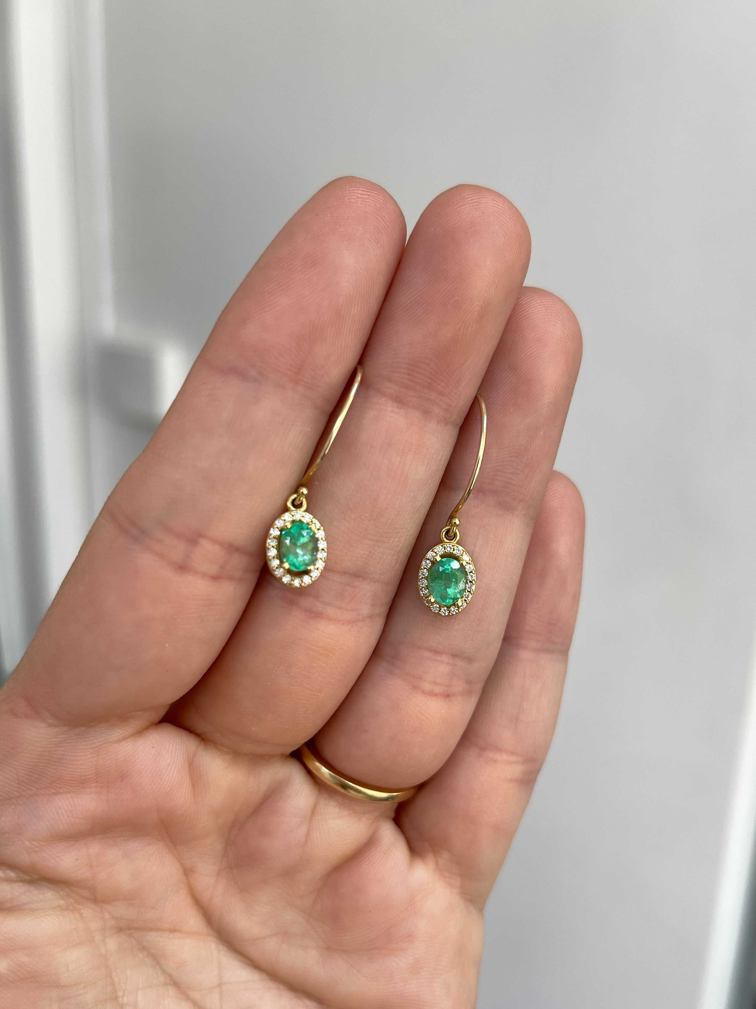 1.24tcw Colombian Emerald Oval & Diamond Halo Dangle Earrings 14K - JR Colombian Emeralds