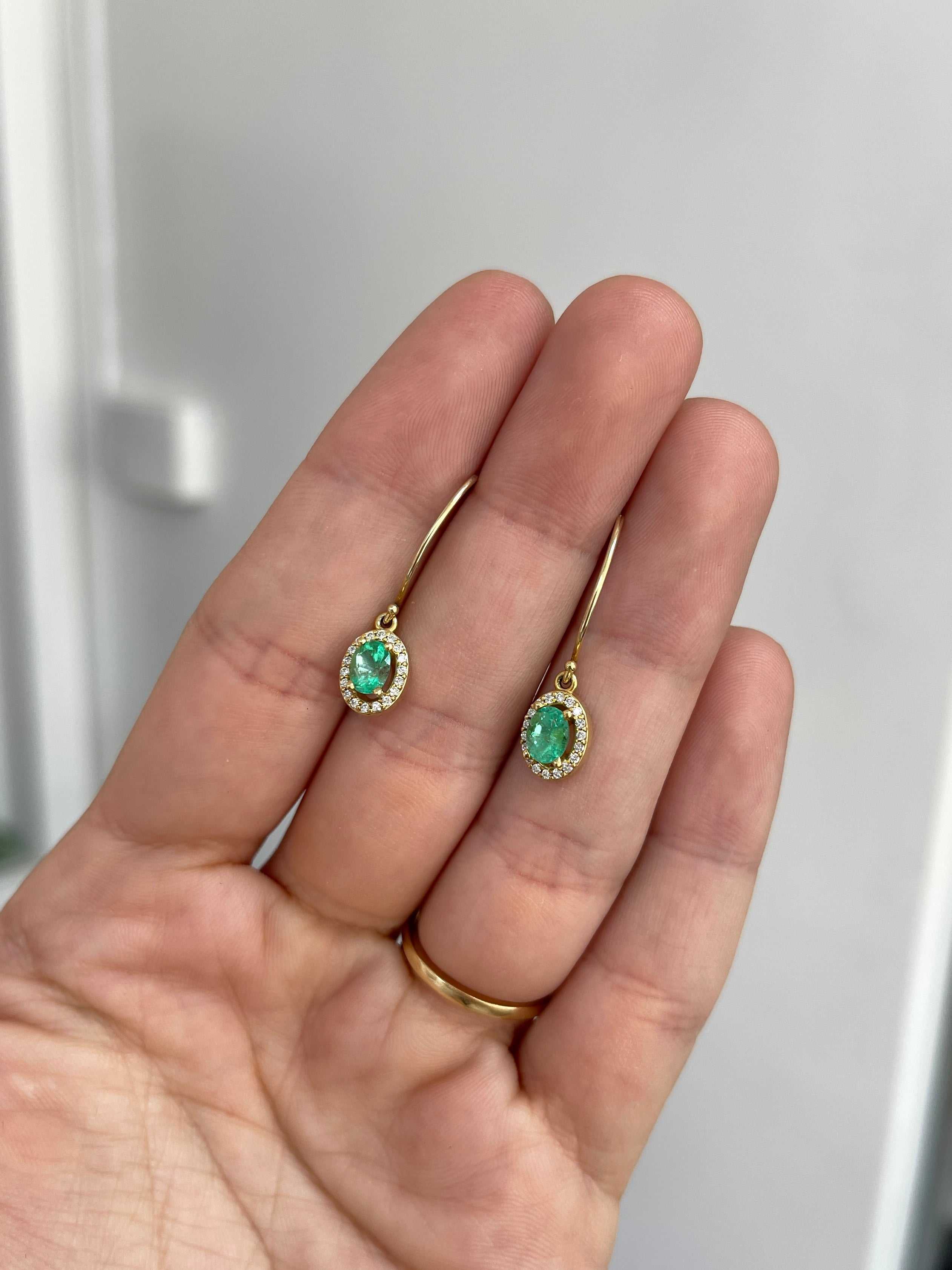 1.24tcw Colombian Emerald Oval & Diamond Halo Dangle Earrings 14K - JR Colombian Emeralds