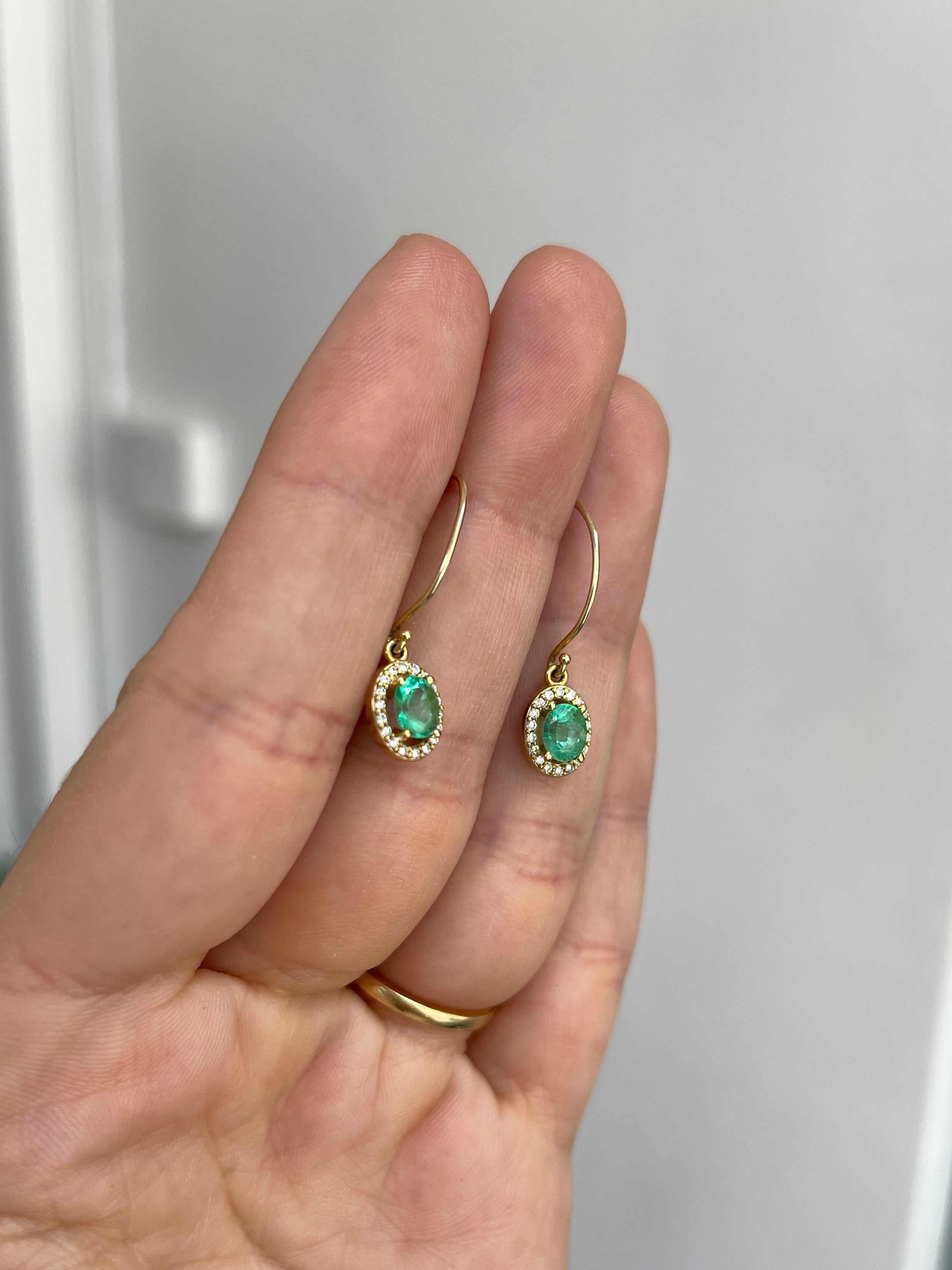 1.24tcw Colombian Emerald Oval & Diamond Halo Dangle Earrings 14K - JR Colombian Emeralds