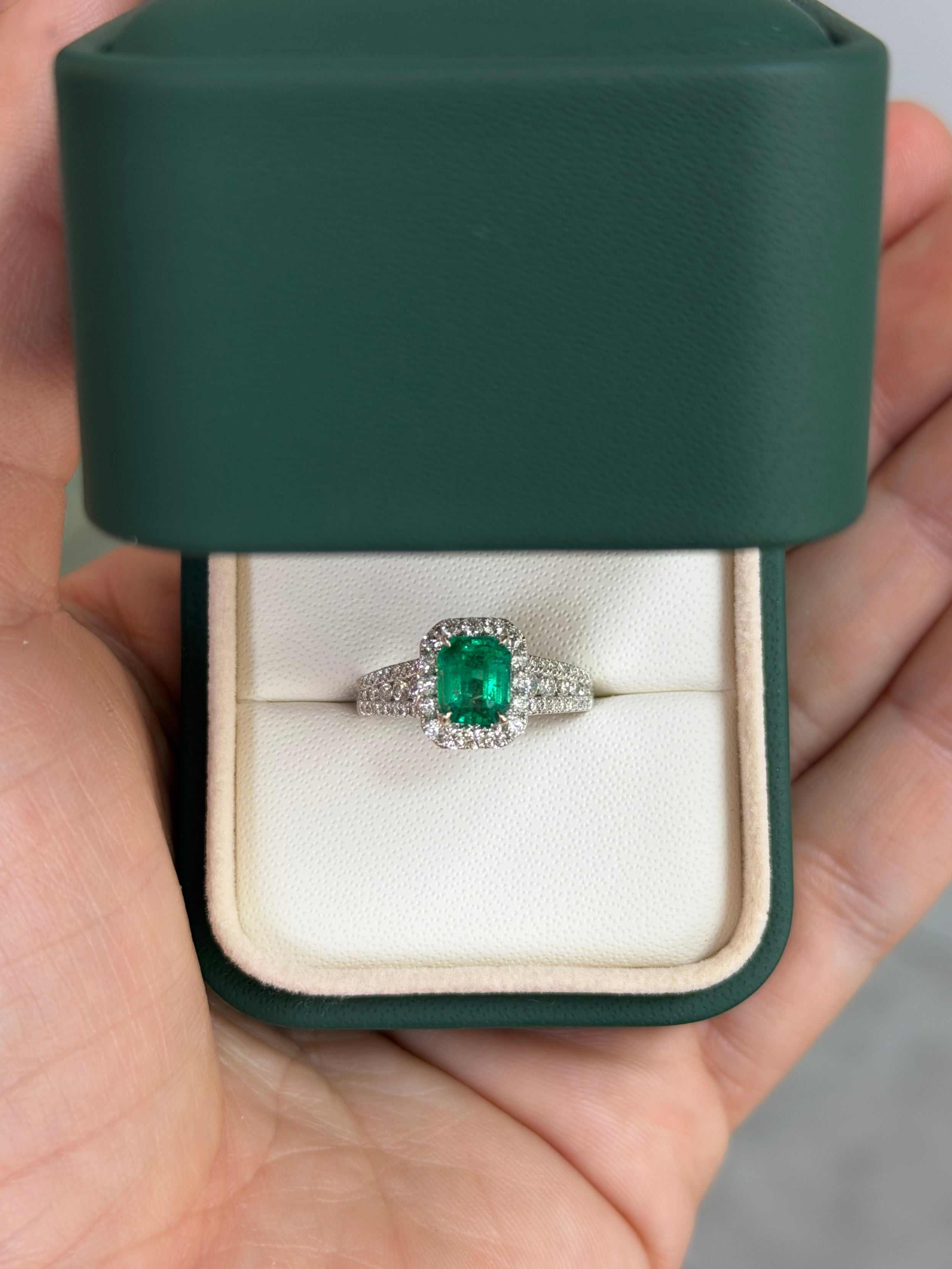 Chivor bluish green Colombian emerald engagement ring with diamond halo, 14K gold, by JR Colombian Emeralds.