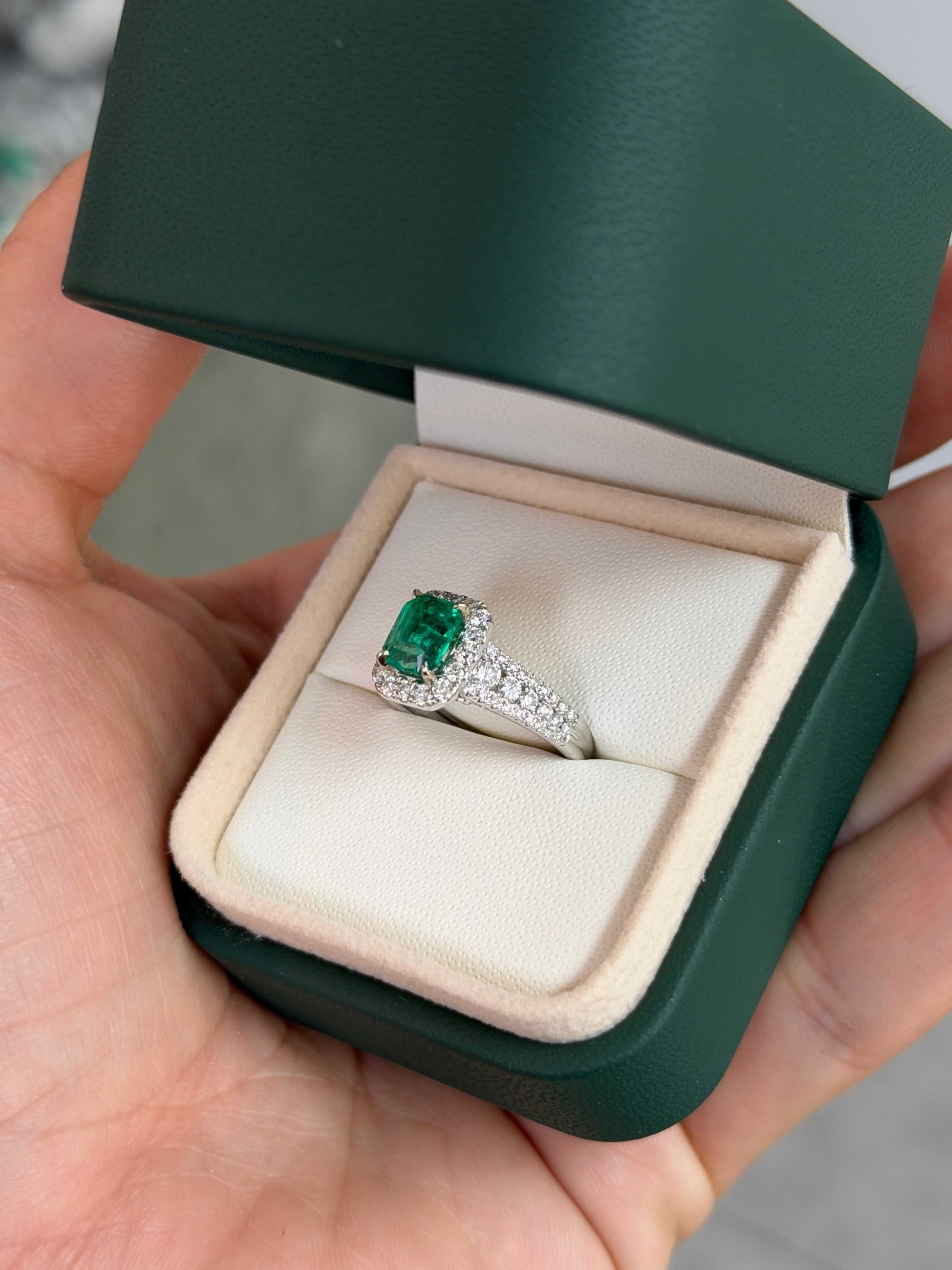 14K engagement ring with 2.21tcw Chivor bluish green Colombian emerald and diamond halo by JR Colombian Emeralds.