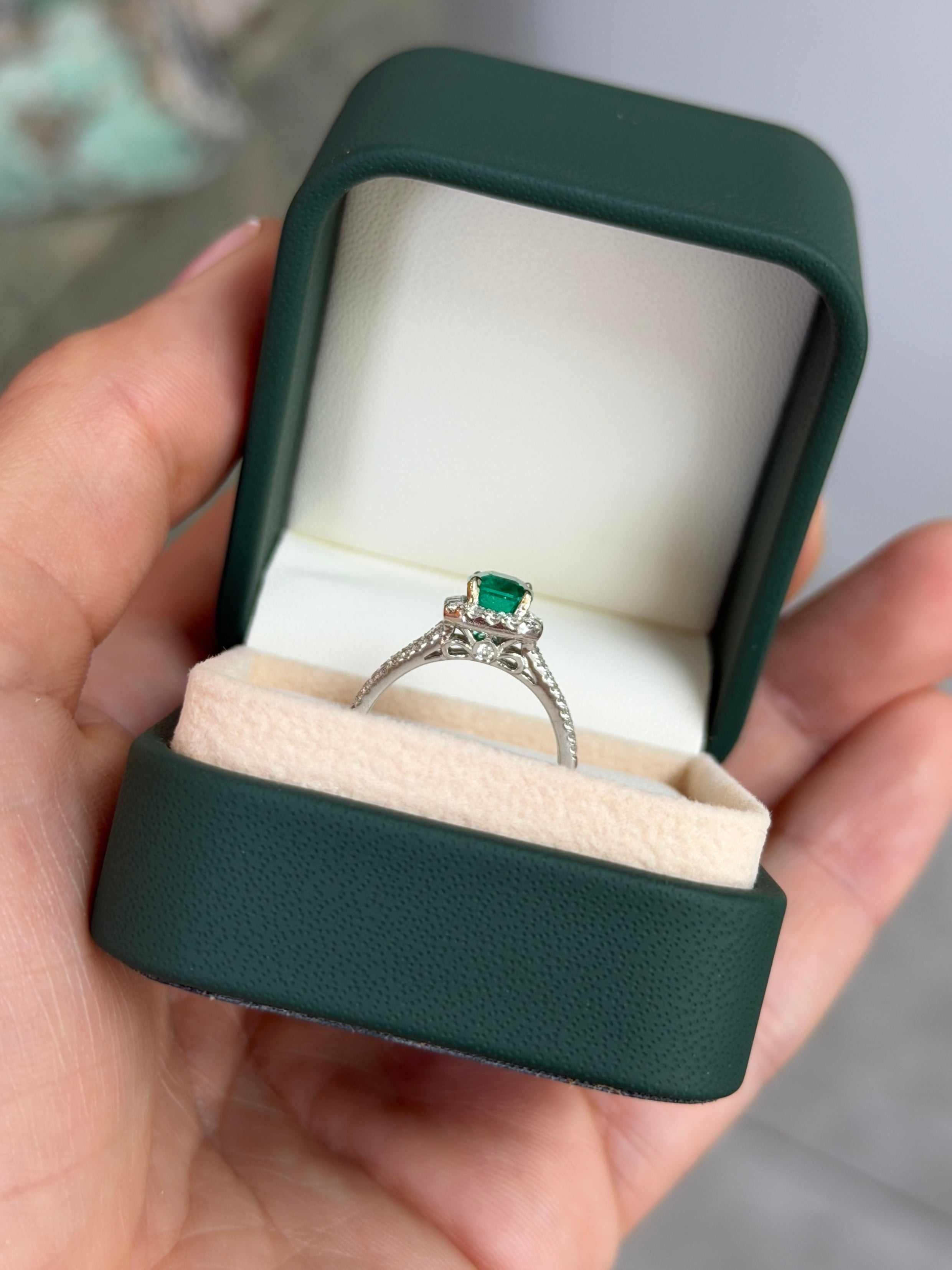Colombian emerald and diamond halo engagement ring by JR Colombian Emeralds, 14K gold, featuring a 2.21tcw bluish green emerald.