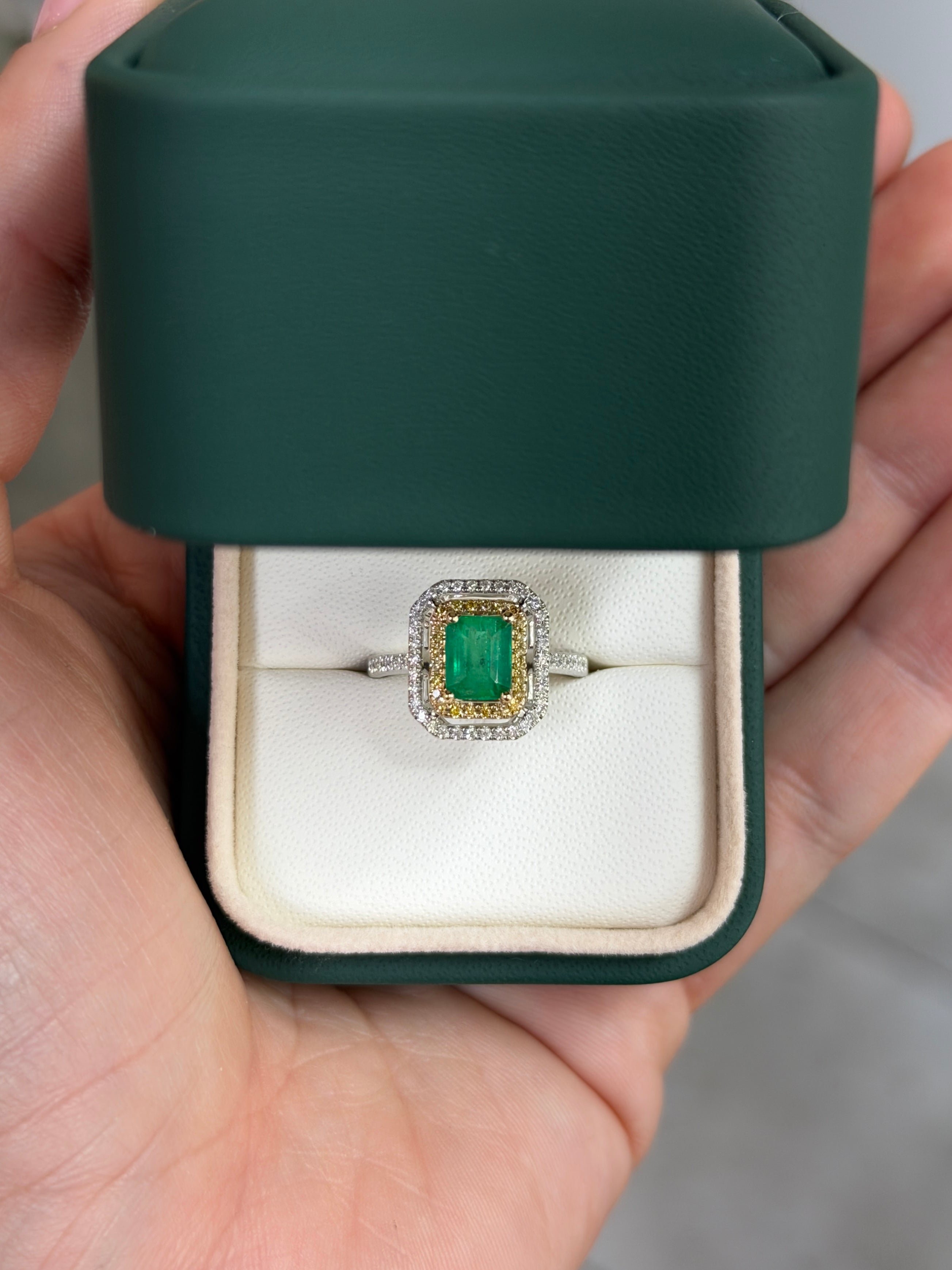 14K gold Colombian emerald and yellow diamond halo ring featuring 1.65 carats total weight, crafted by JR Colombian Emeralds.