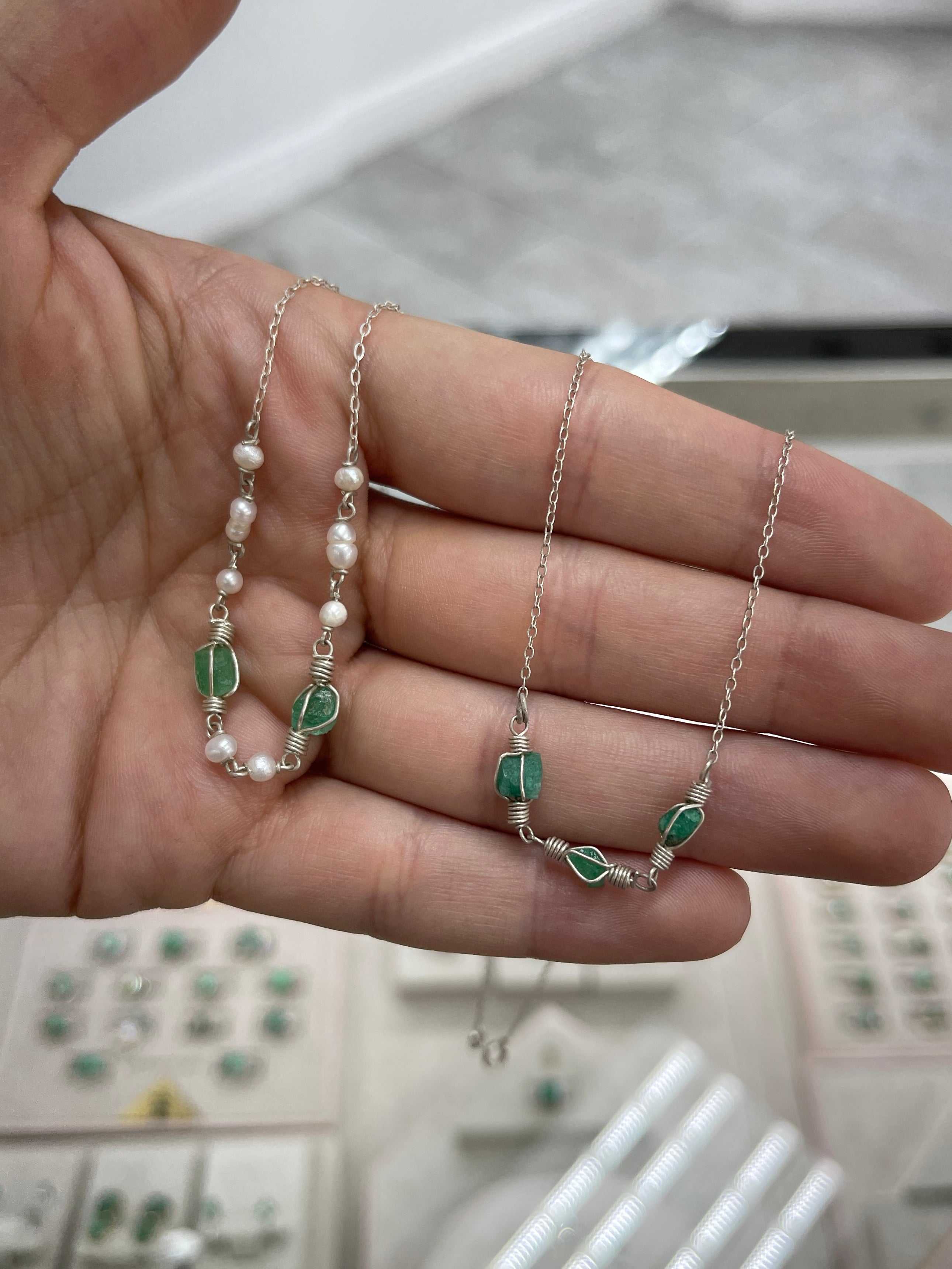 Rough Colombian Emerald Necklace in Sterling Silver - JR Colombian Emeralds
