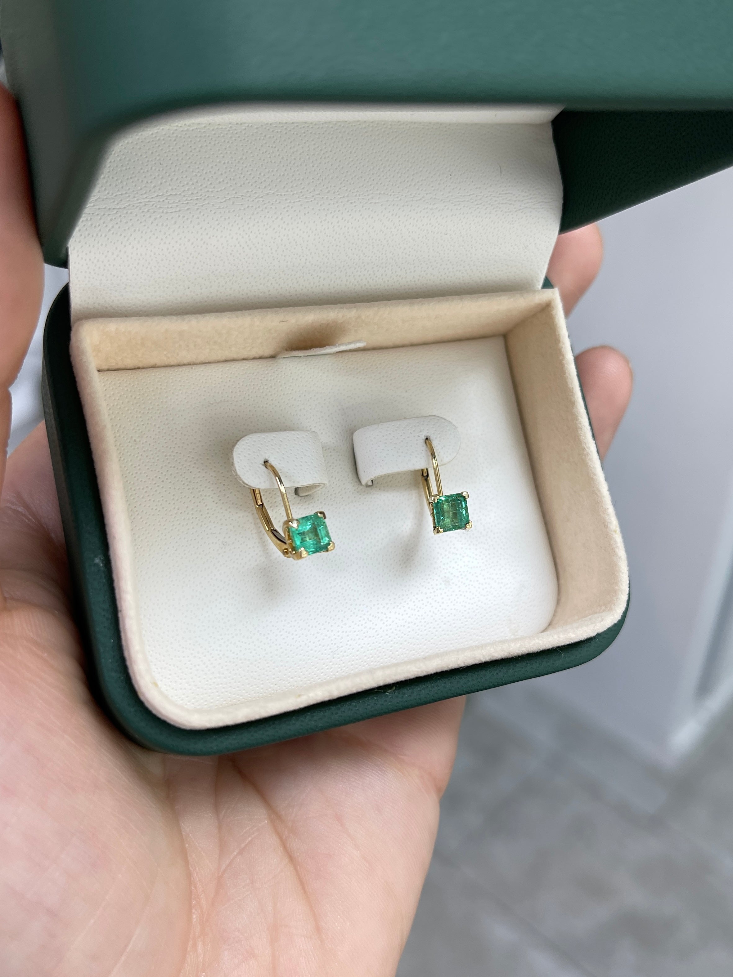 1.44tcw Square Emerald Leverback Earrings 14K Gold Fleur De Lis - JR Colombian Emeralds