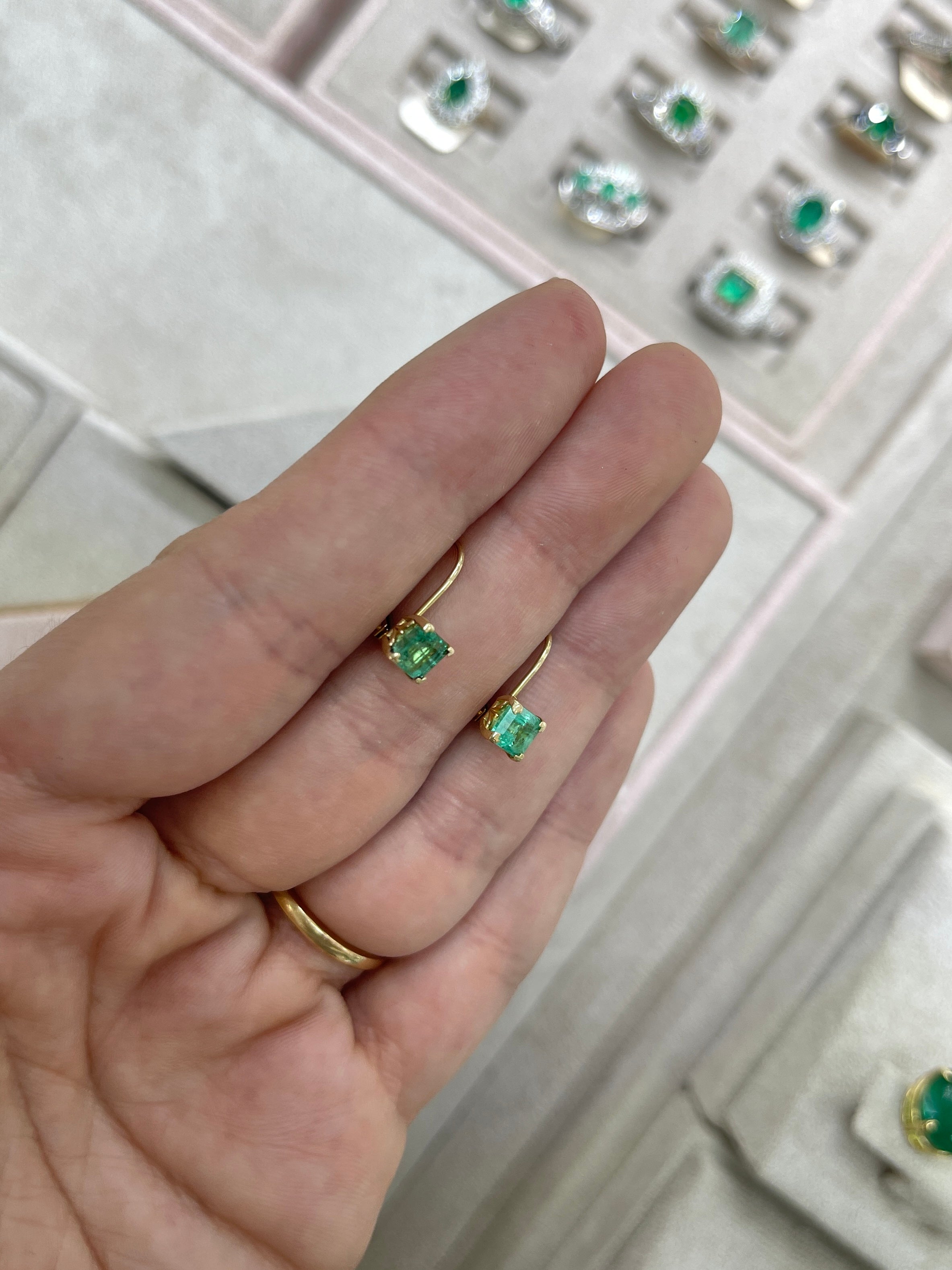 1.44tcw Square Emerald Leverback Earrings 14K Gold Fleur De Lis - JR Colombian Emeralds