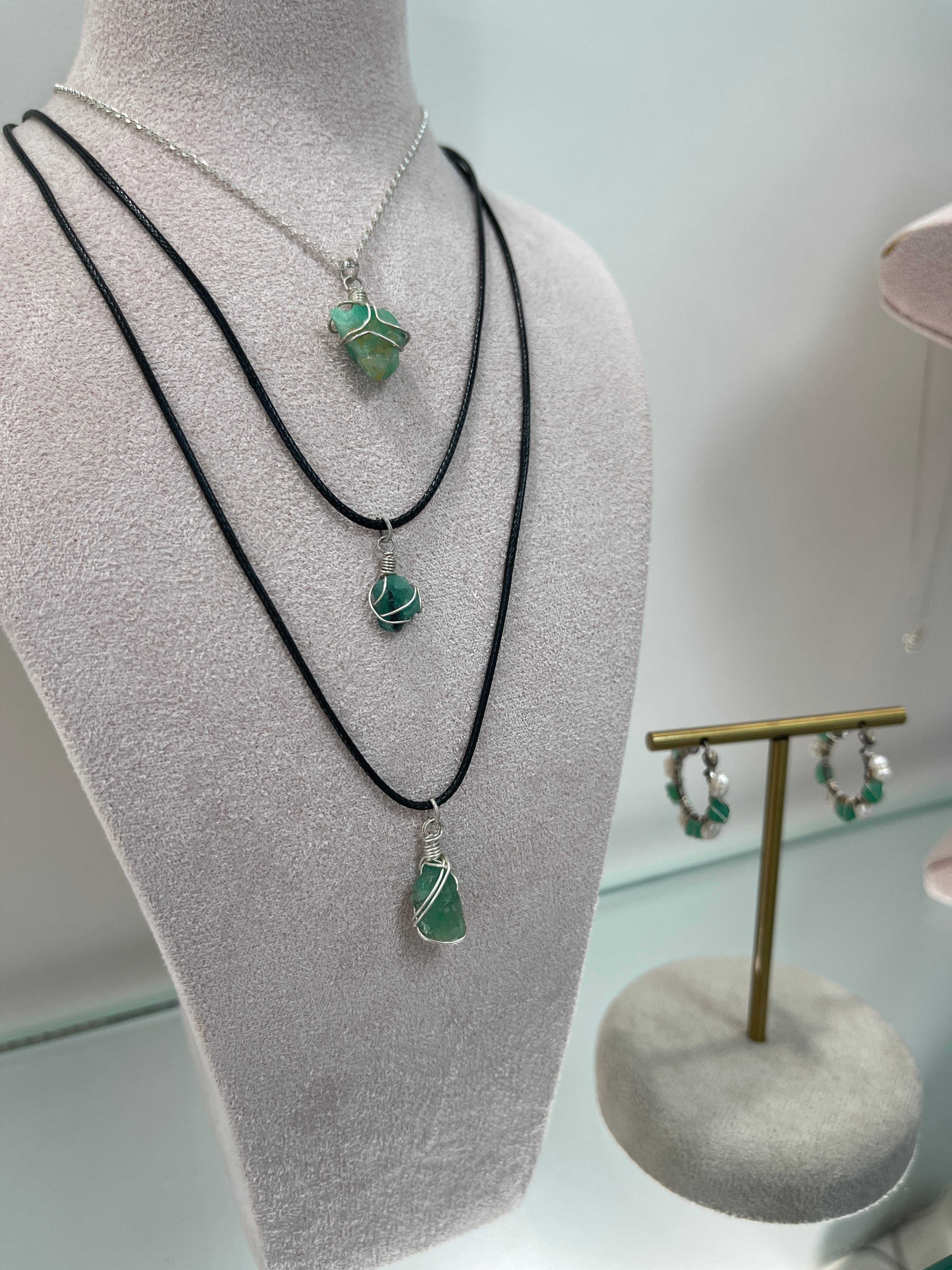 Natural Rough Colombian Emerald Necklaces Sterling Silver/Leather Cord - JR Colombian Emeralds