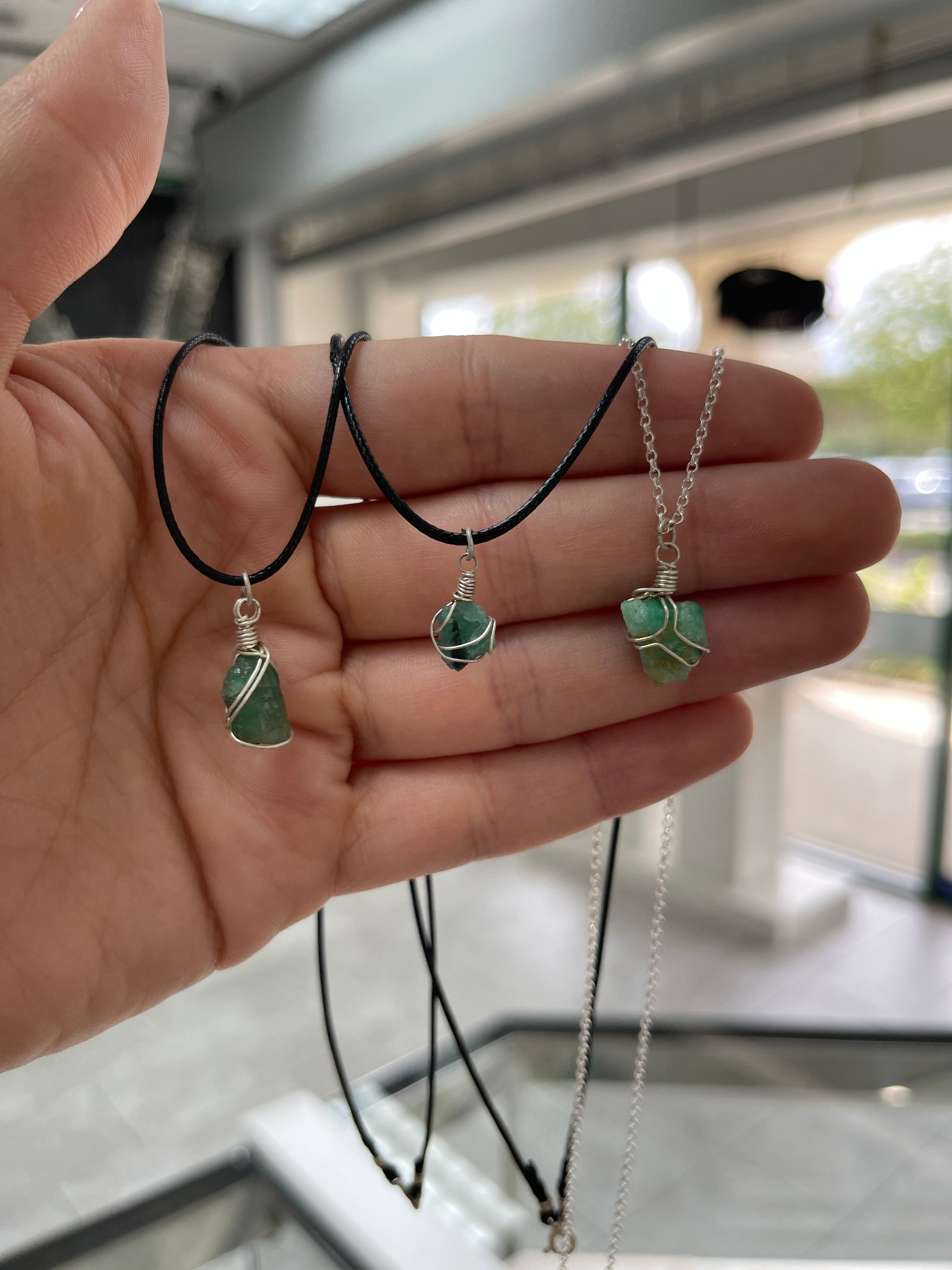 Natural Rough Colombian Emerald Necklaces Sterling Silver/Leather Cord