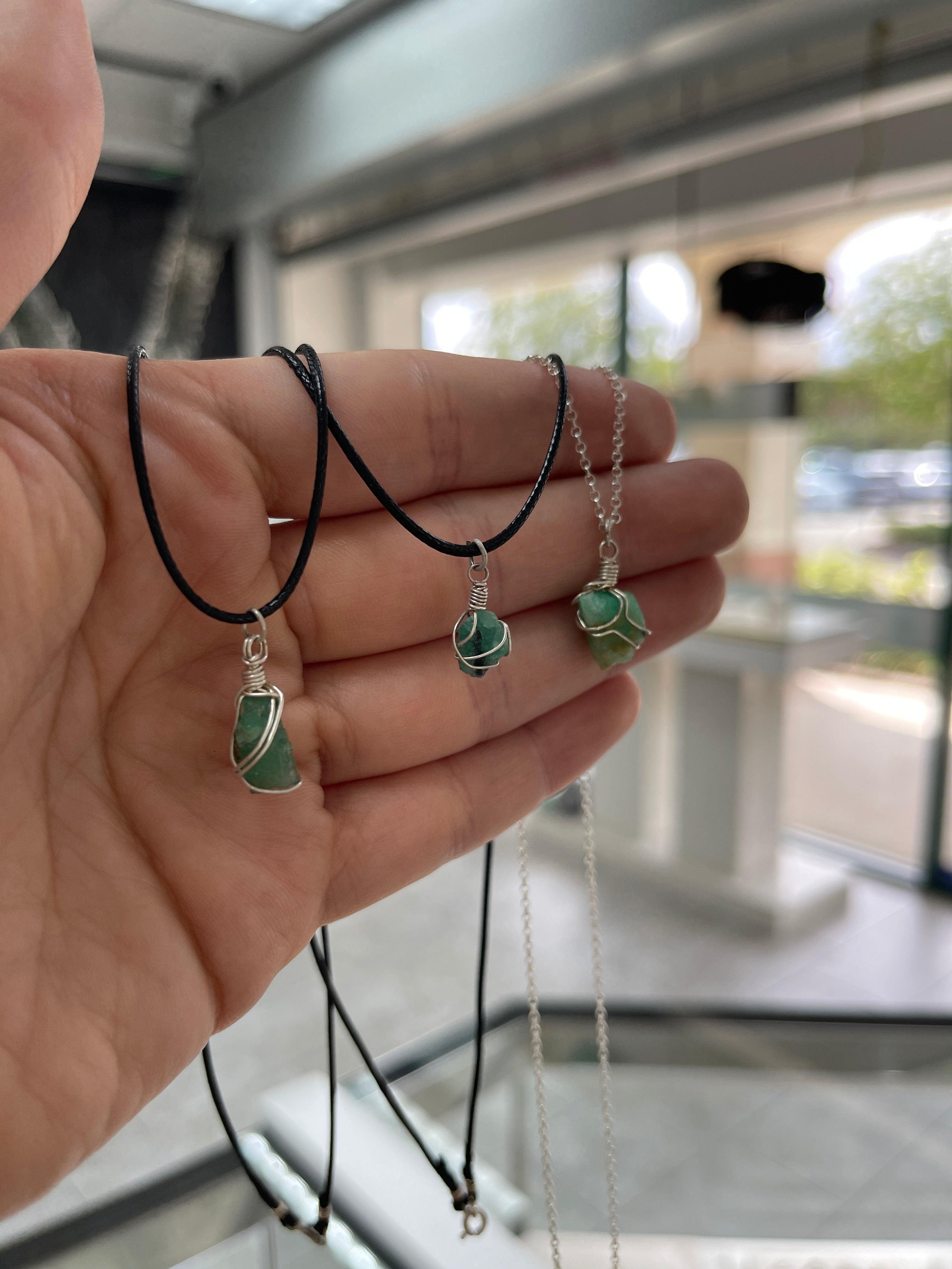 Natural Rough Colombian Emerald Necklaces Sterling Silver/Leather Cord