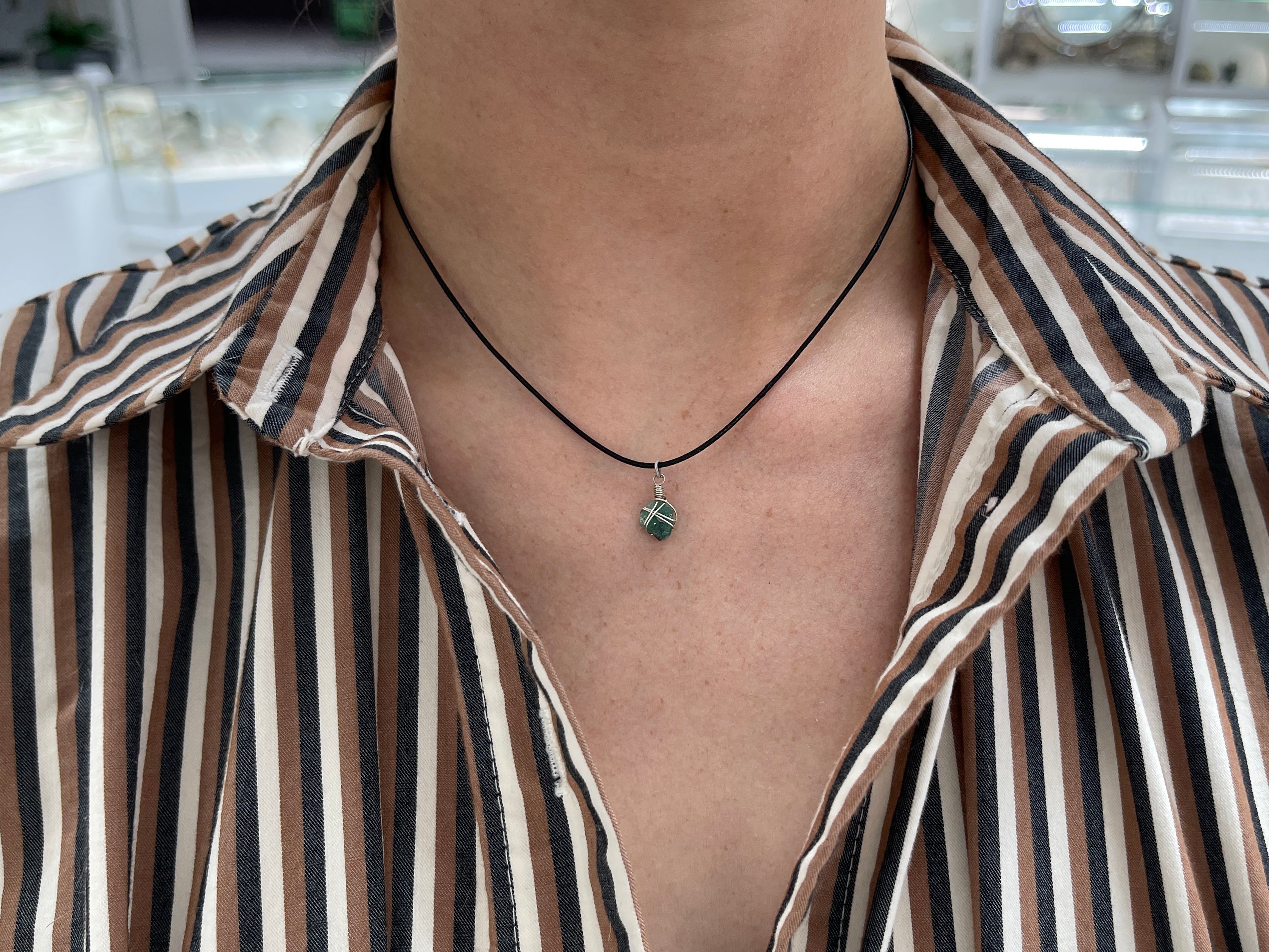 Natural Rough Colombian Emerald Necklaces Sterling Silver/Leather Cord