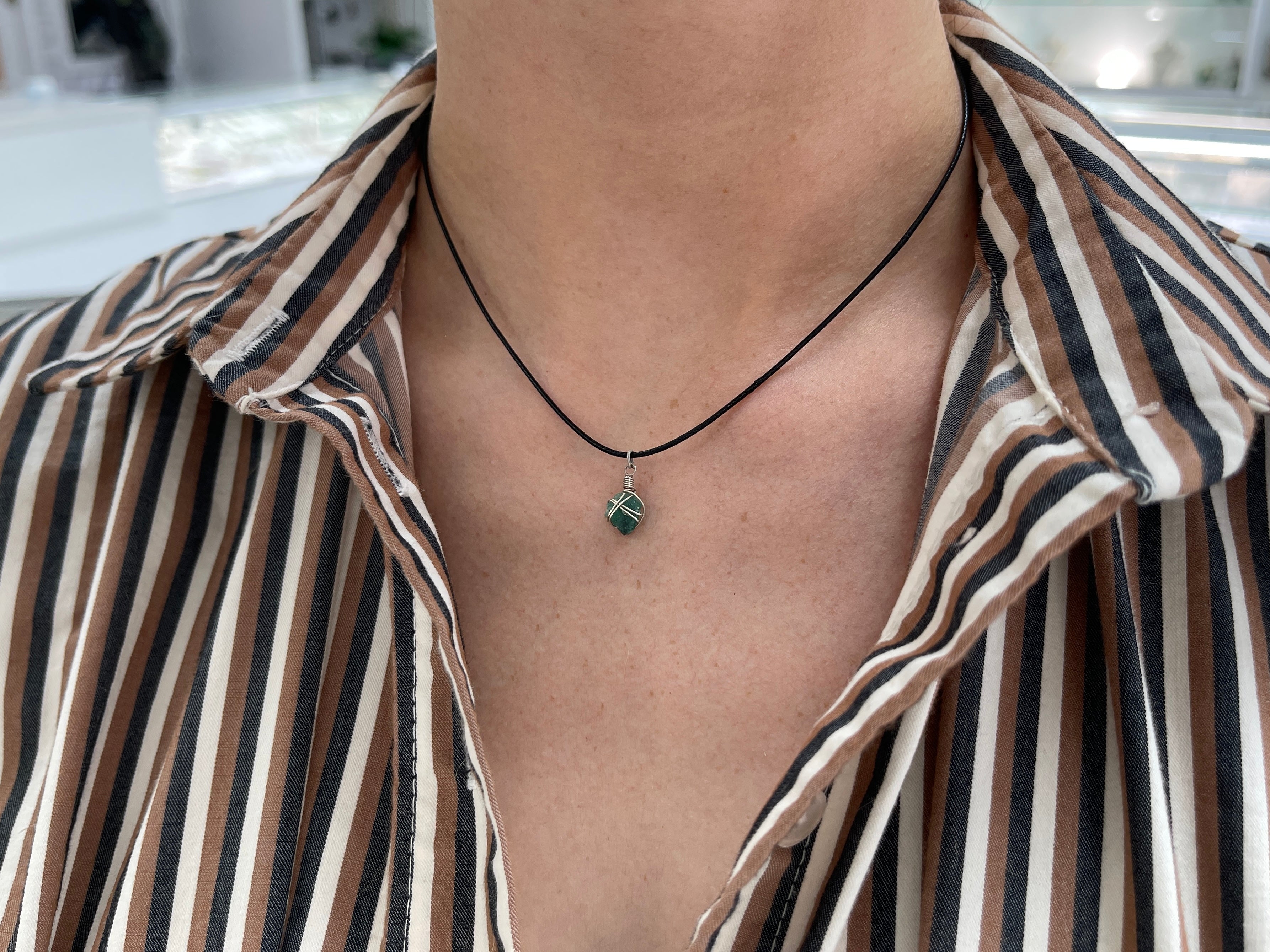 Natural Rough Colombian Emerald Necklaces Sterling Silver/Leather Cord