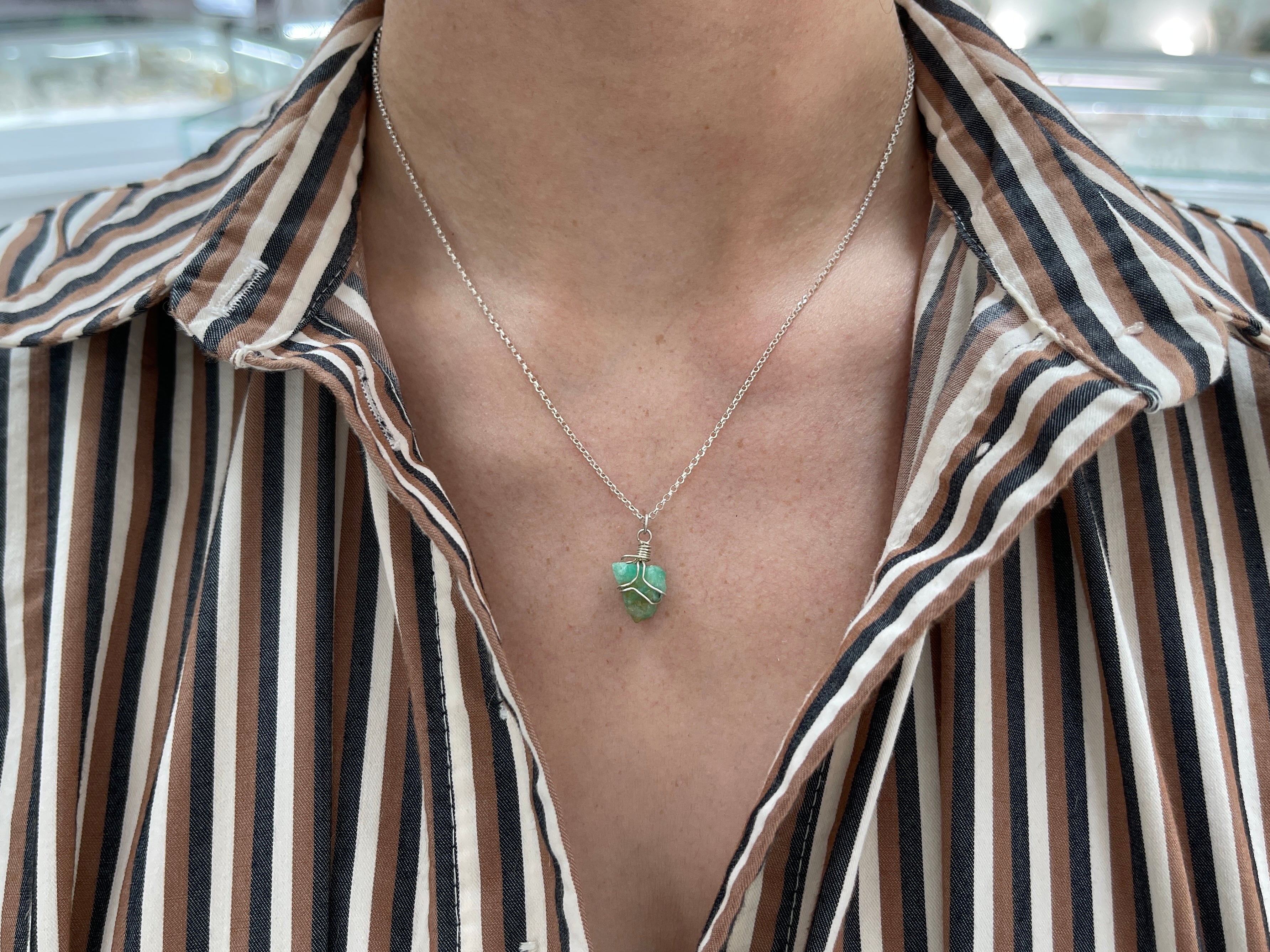 Natural Rough Colombian Emerald Necklaces Sterling Silver/Leather Cord