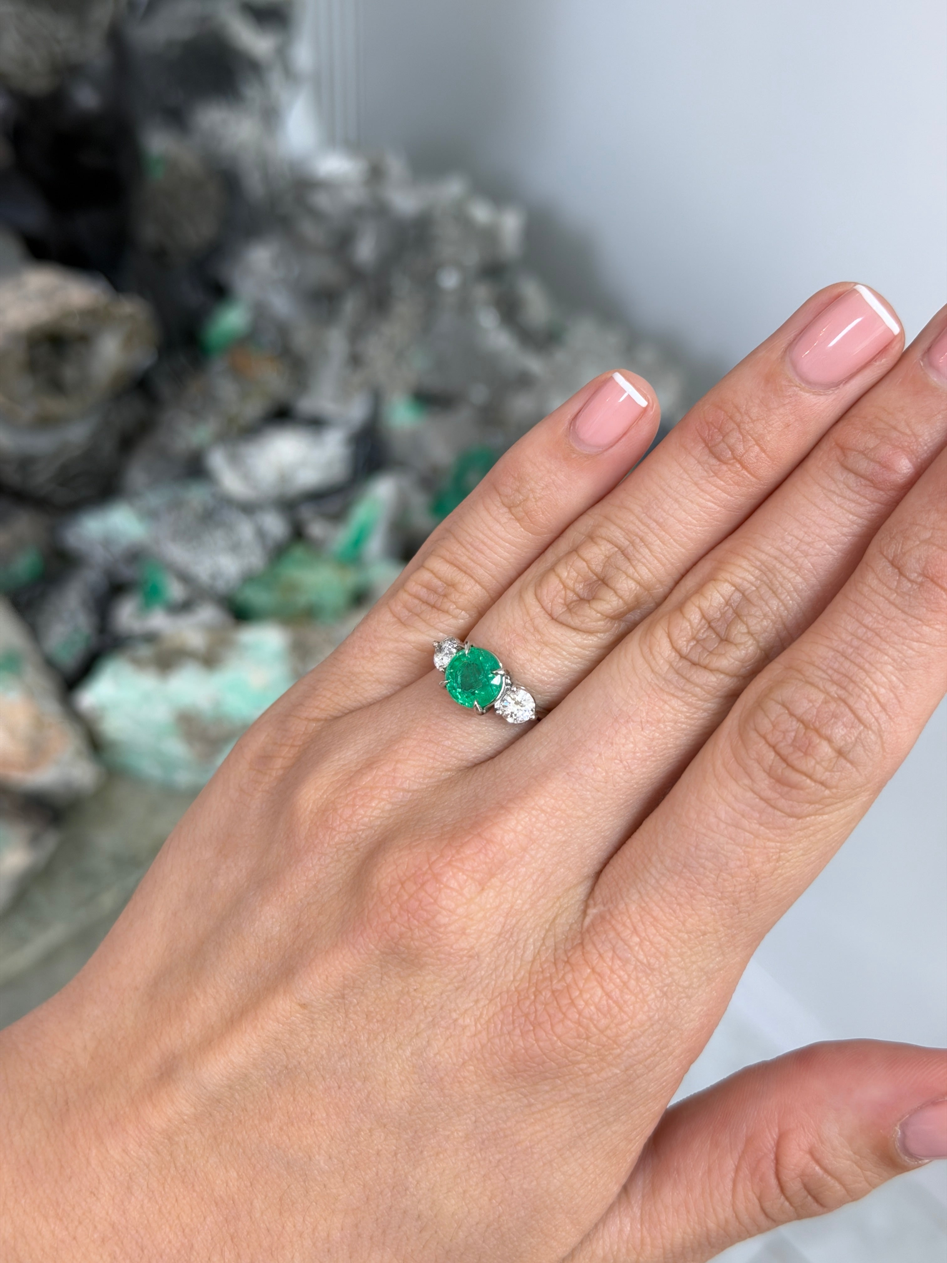 14K white gold 2.91tcw emerald and diamond 3-stone engagement ring by JR Colombian Emeralds, showcasing the sparkling gemstones.