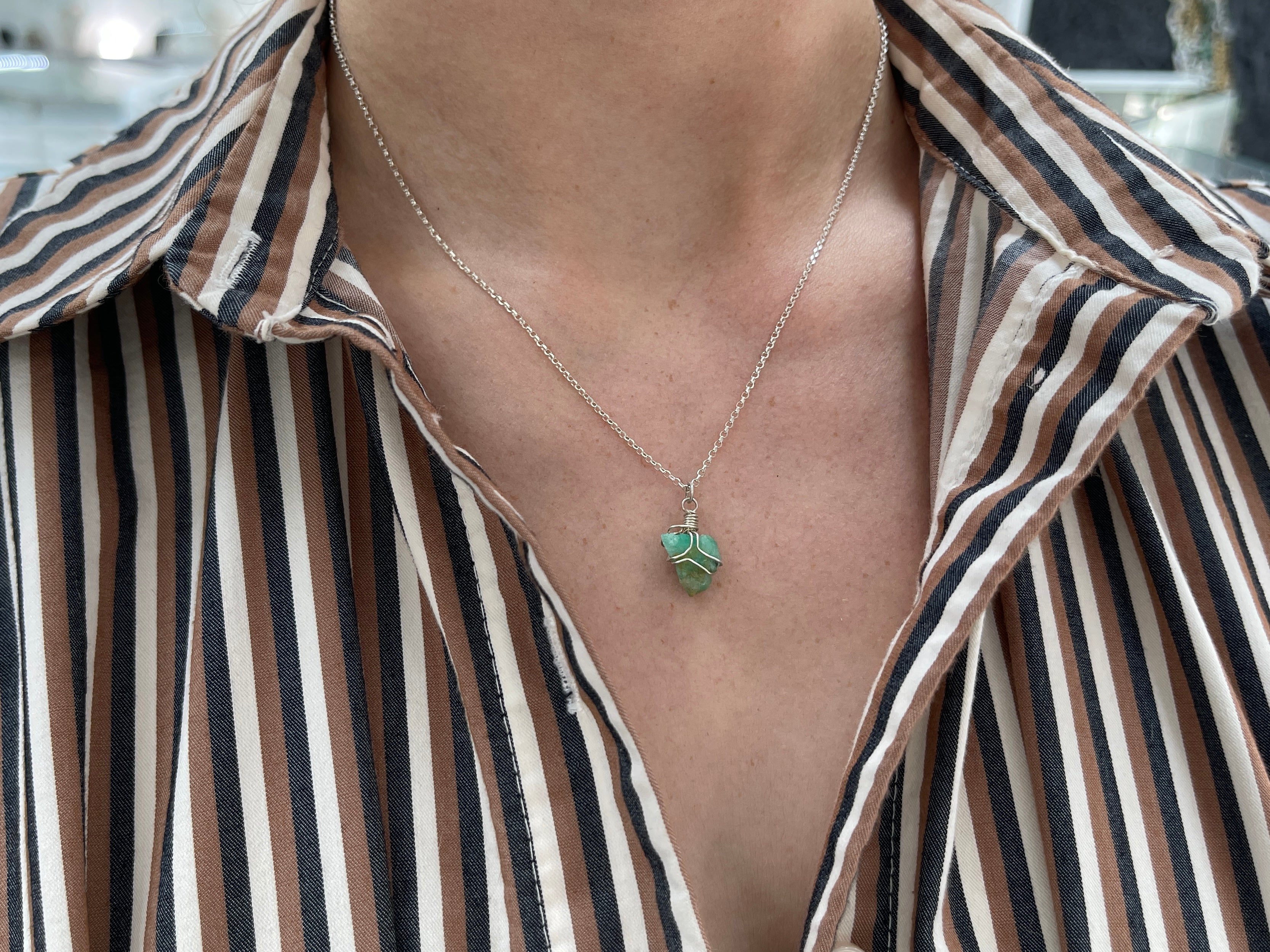Natural Rough Colombian Emerald Necklaces Sterling Silver/Leather Cord
