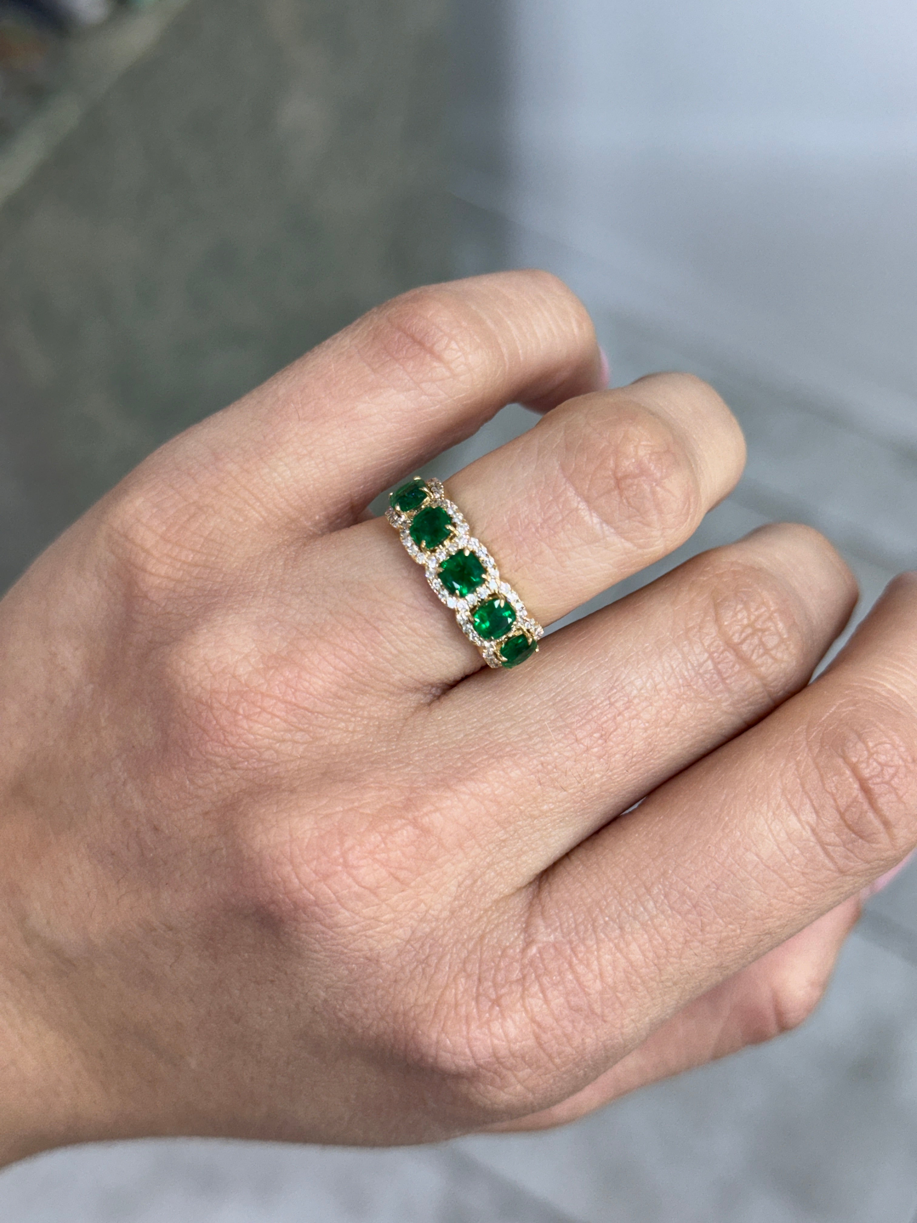 1.85tcw AAA+ Natural Cushion Cut Emerald & Diamond Wedding Band 18K